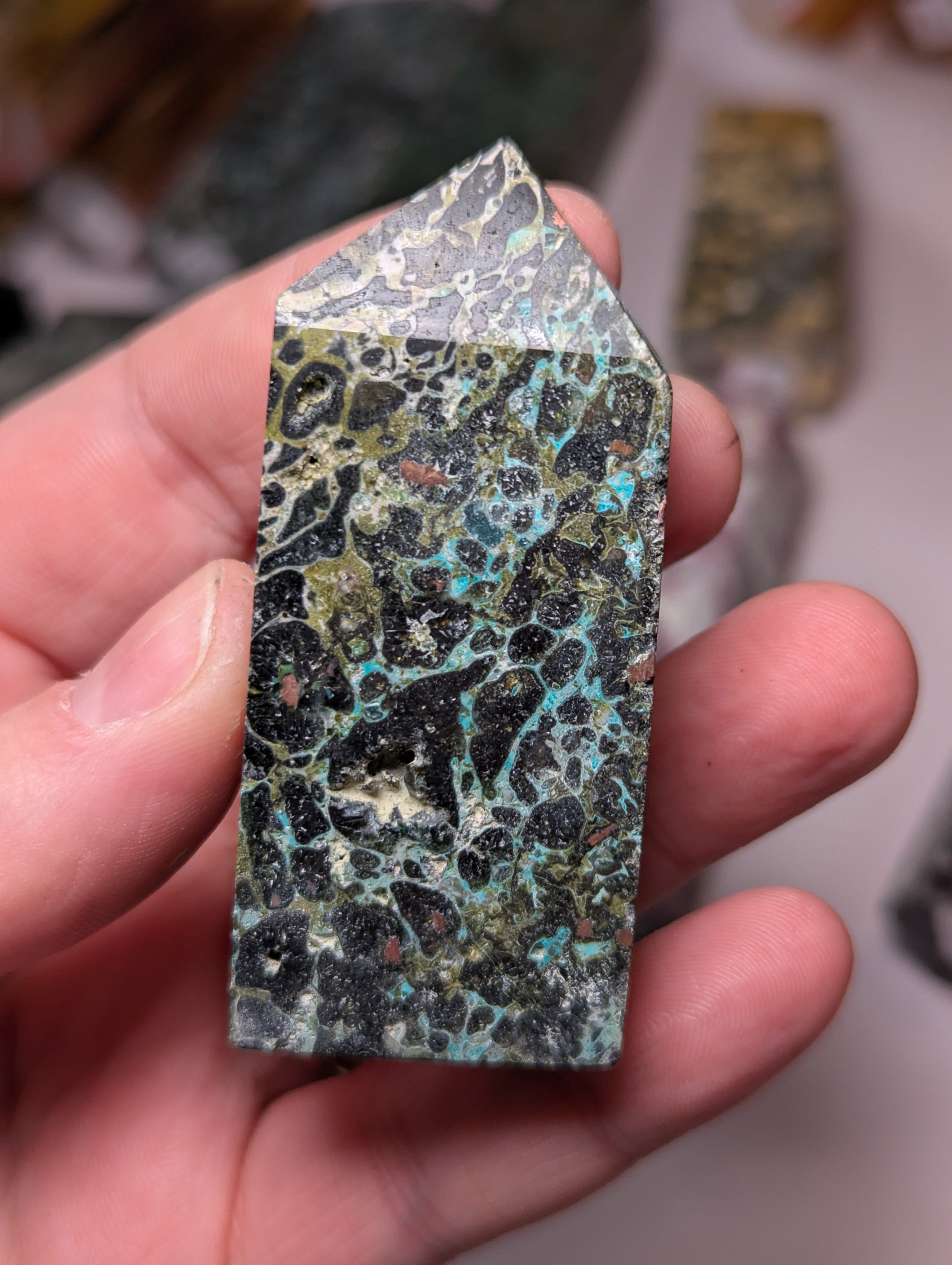 Epidote crystal with copper tower