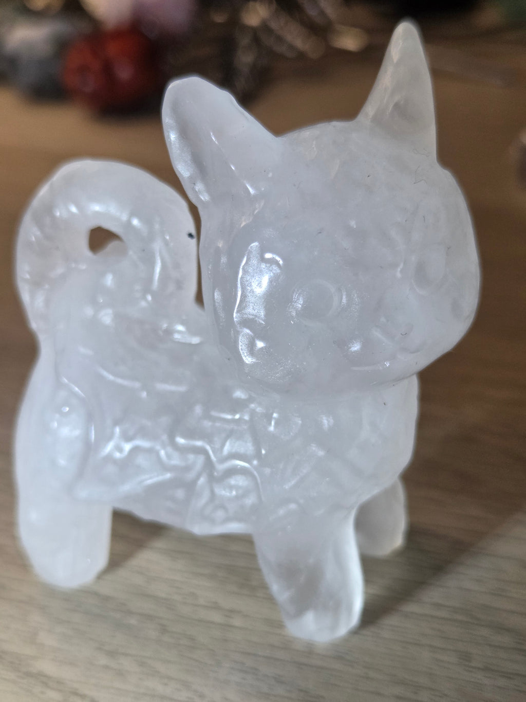 Clear quartz crystal cat carving