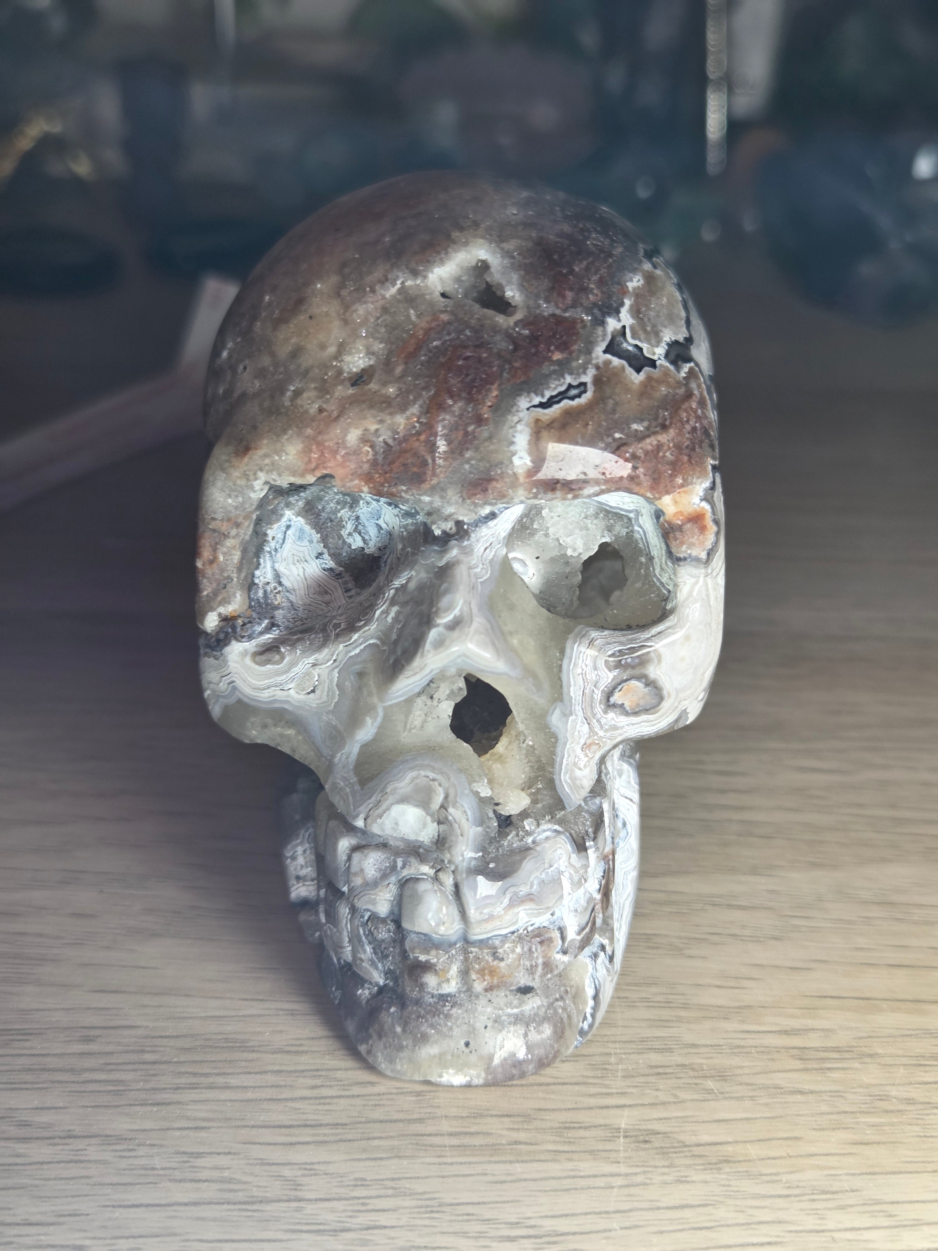 Mexican crazy agate crystal Skull  with open Duzy carving