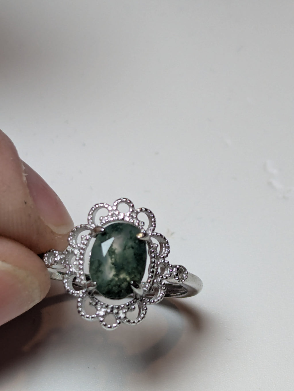 Moss Agate crystal Adjustable ring stainless steel