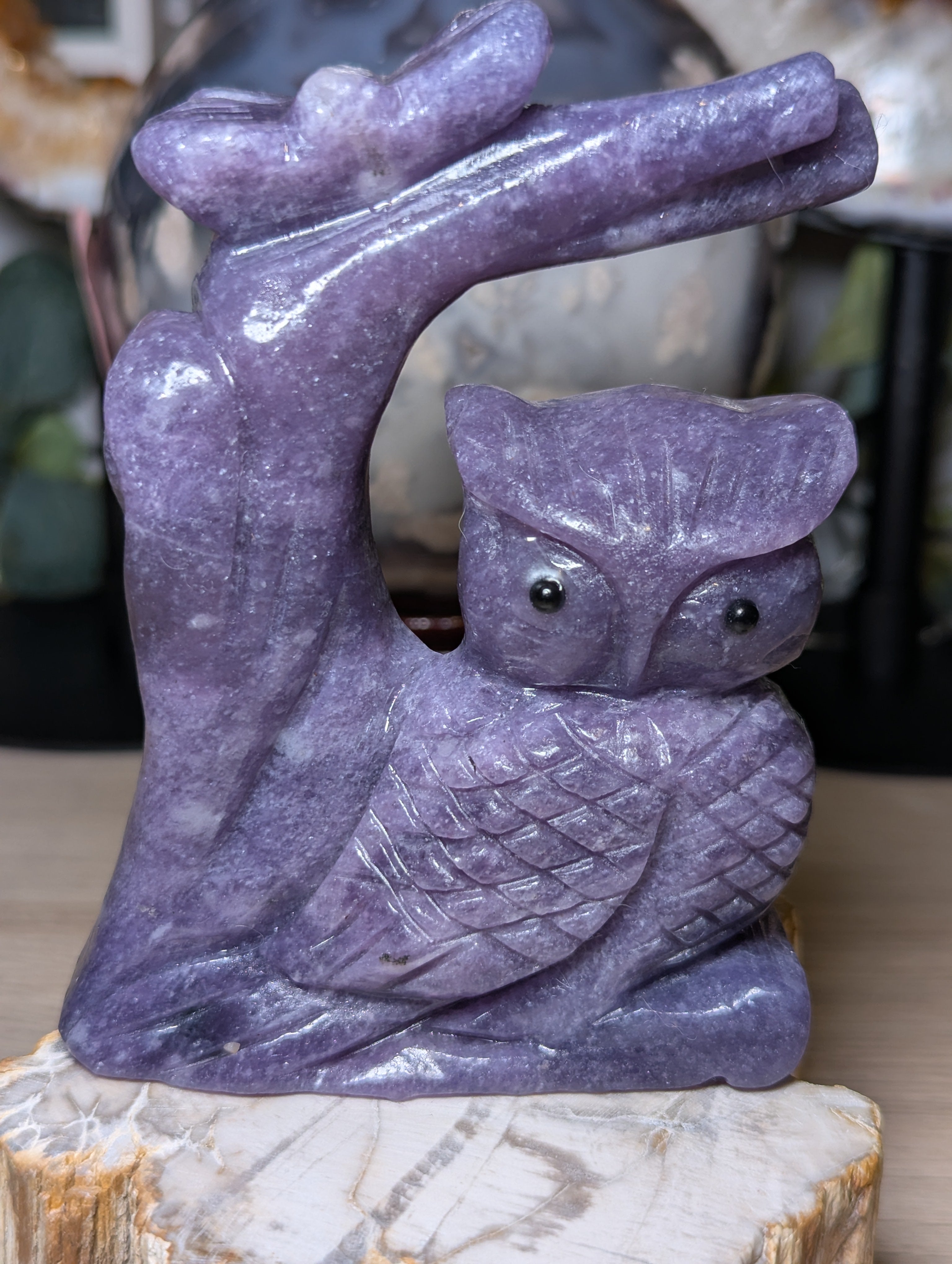 Lepidolite crystal owl with butterfly carving