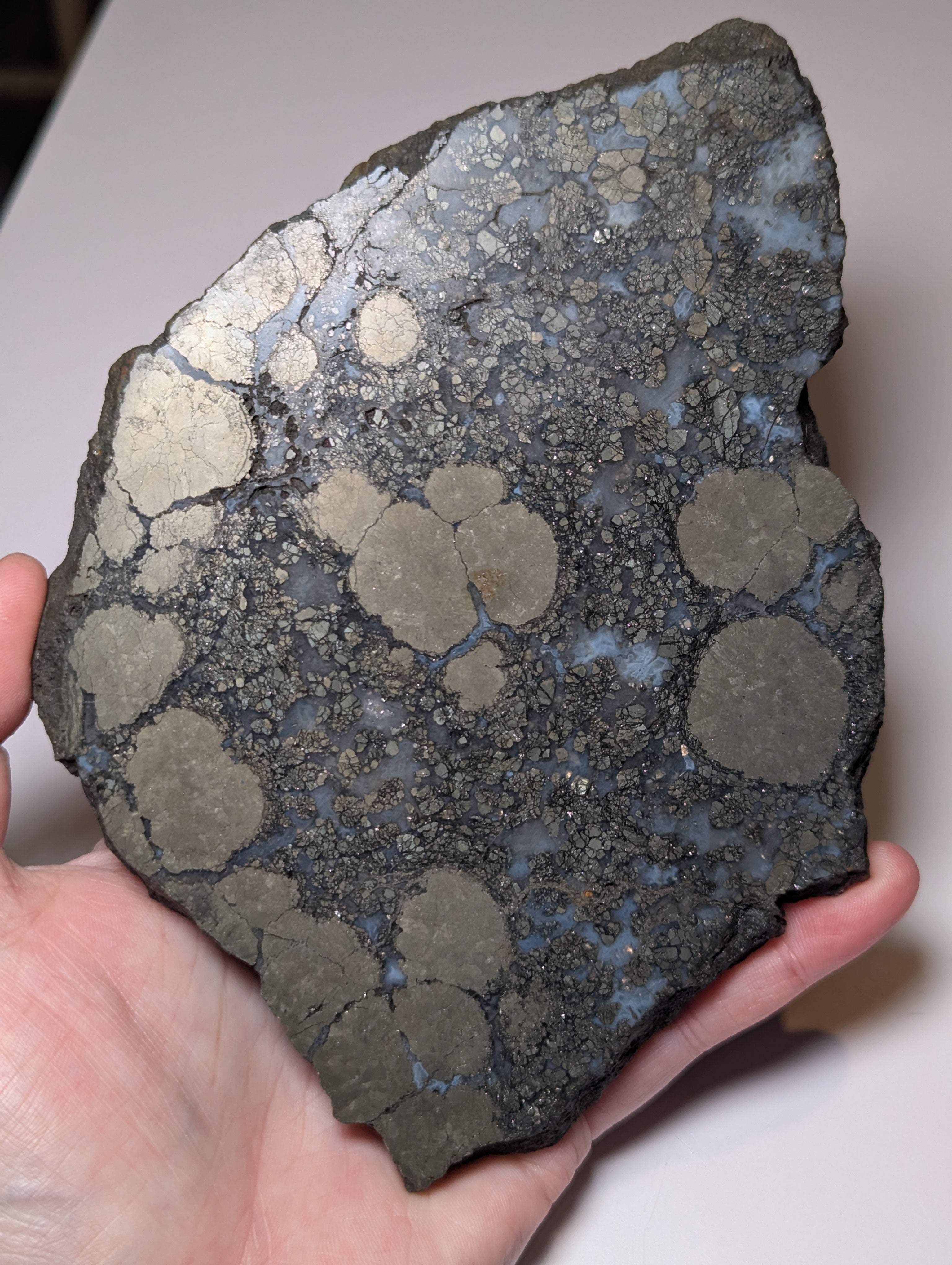 Pyrite with agate crystal slice with stand