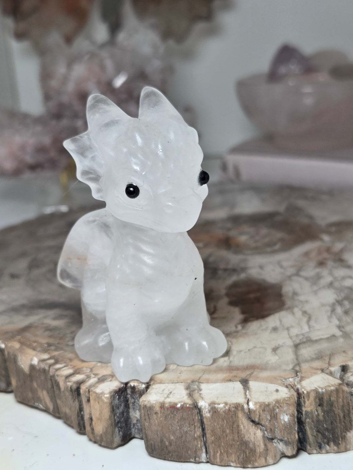 Clear quartz crystal dragon carving