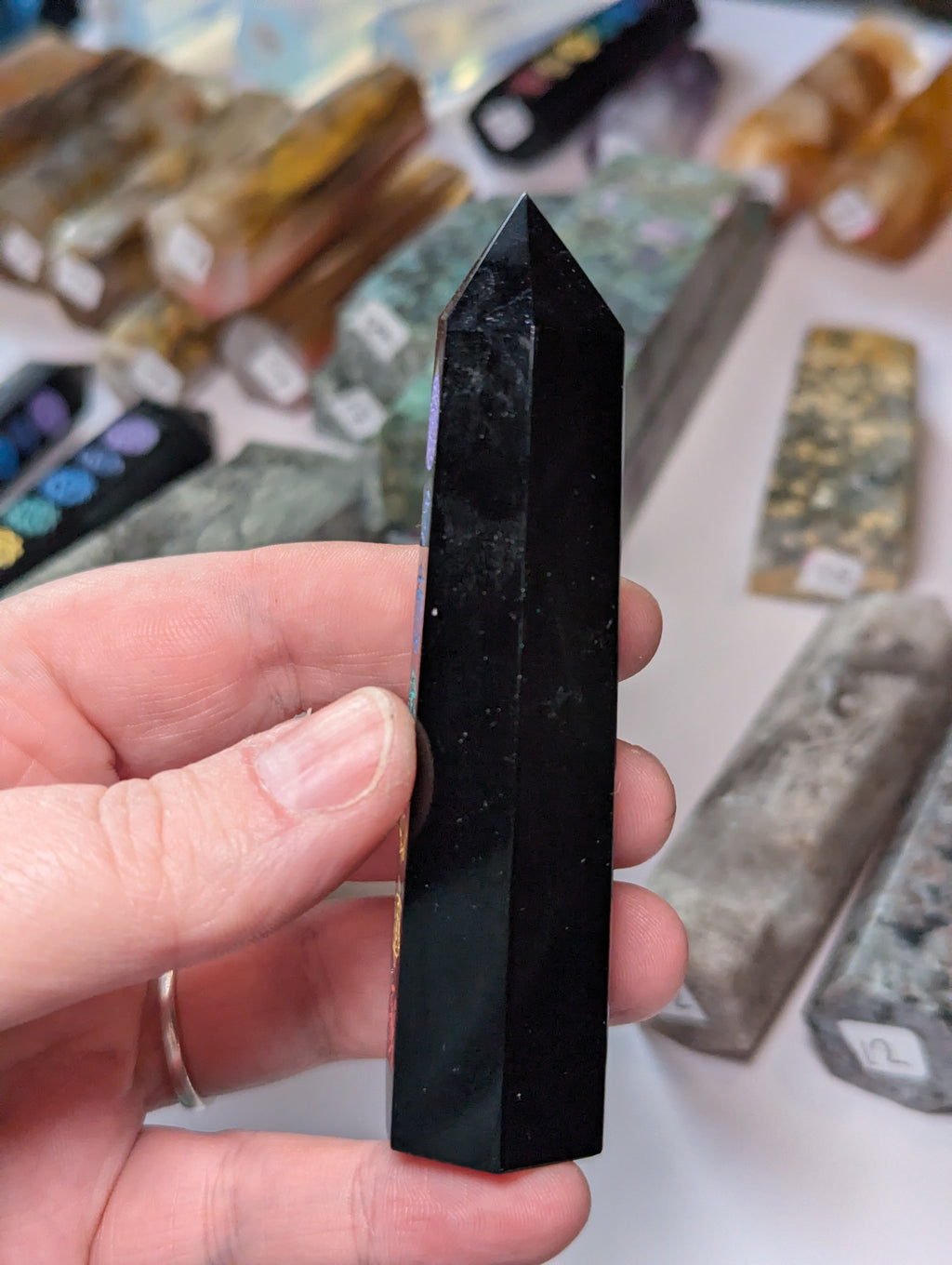 Obsidian chackra crystal tower carving