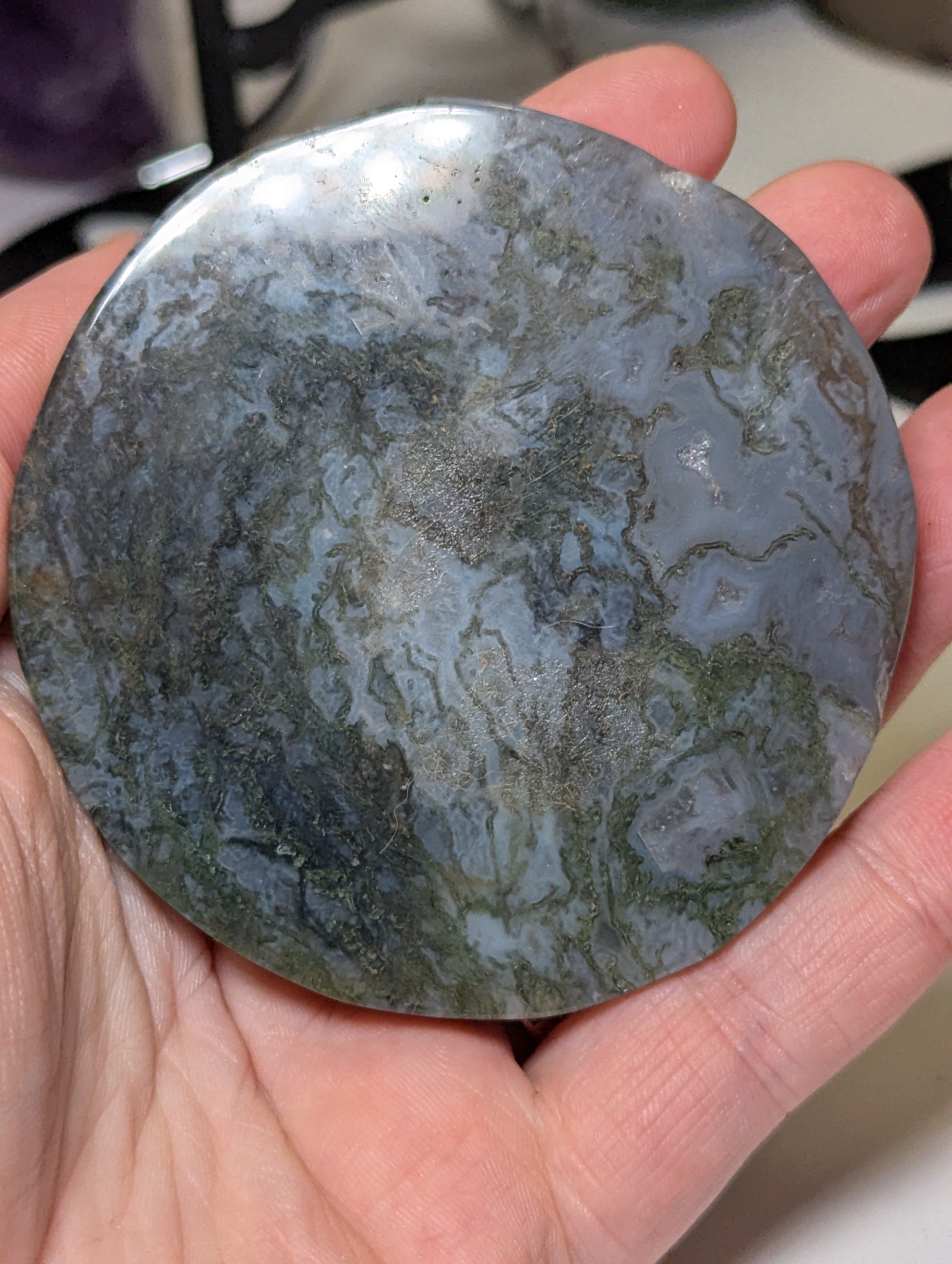 Blue moss agate crystal slice