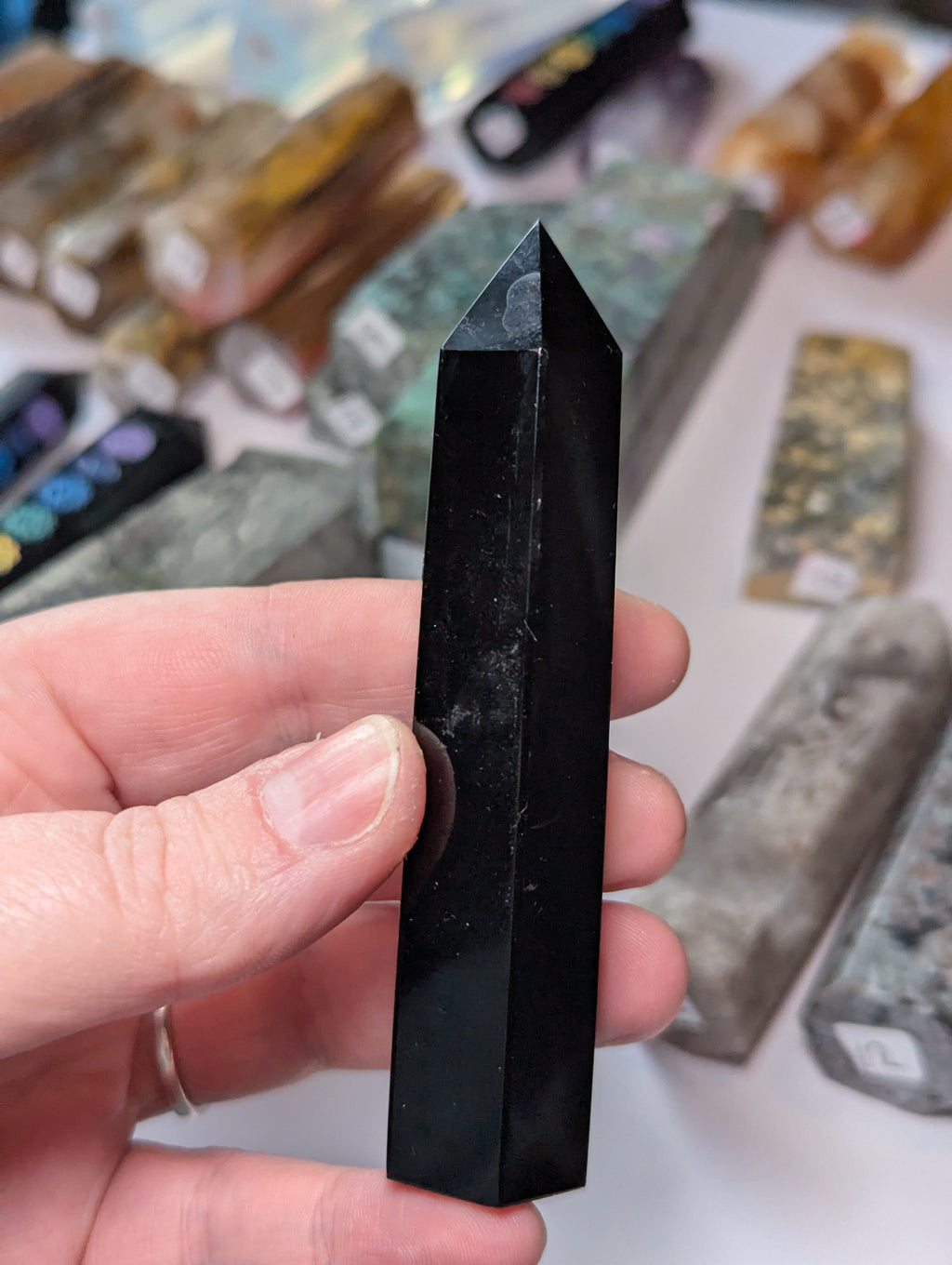 Obsidian chackra crystal tower carving