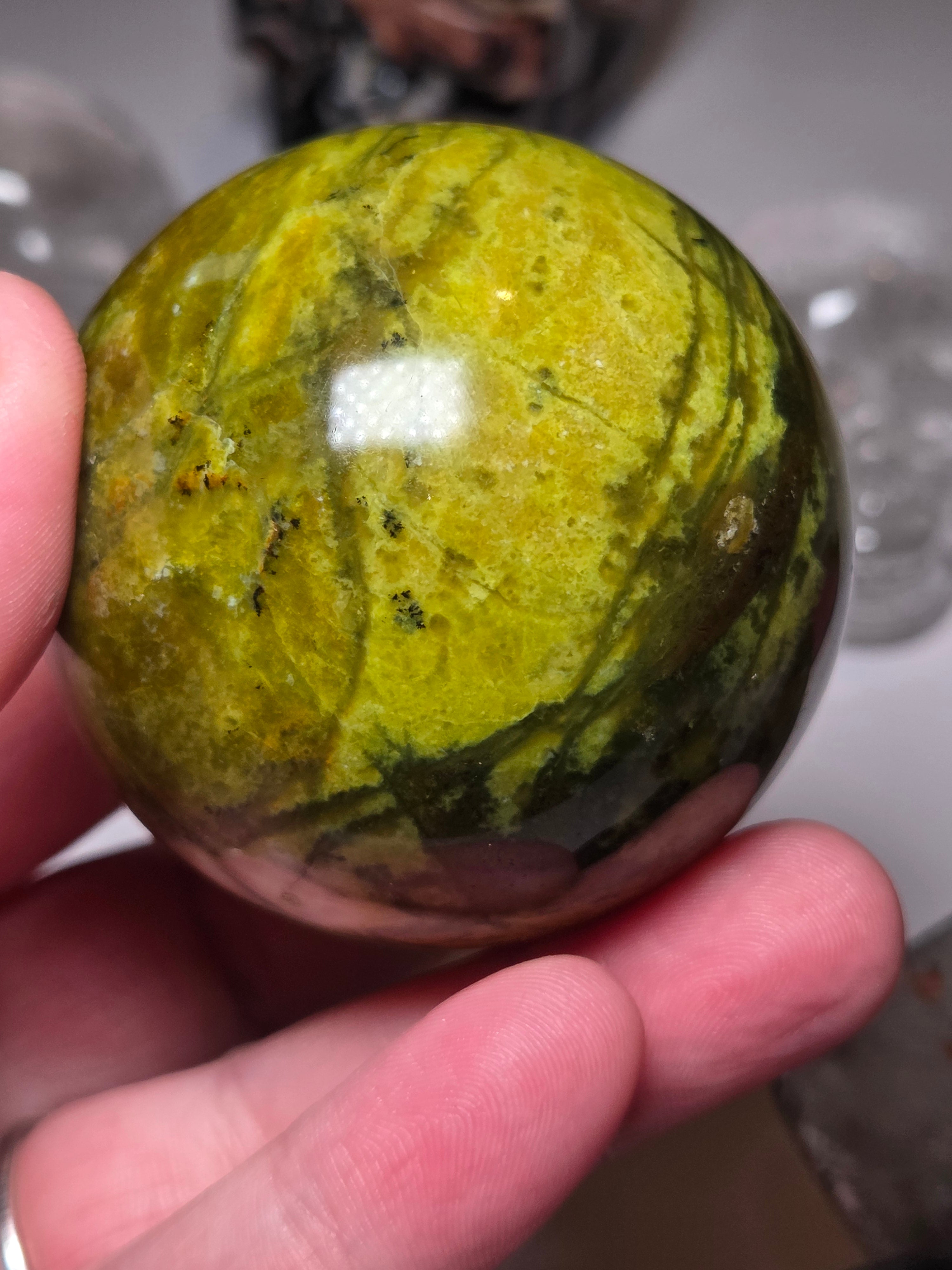 Green Opal crystal sphere carving with Stand