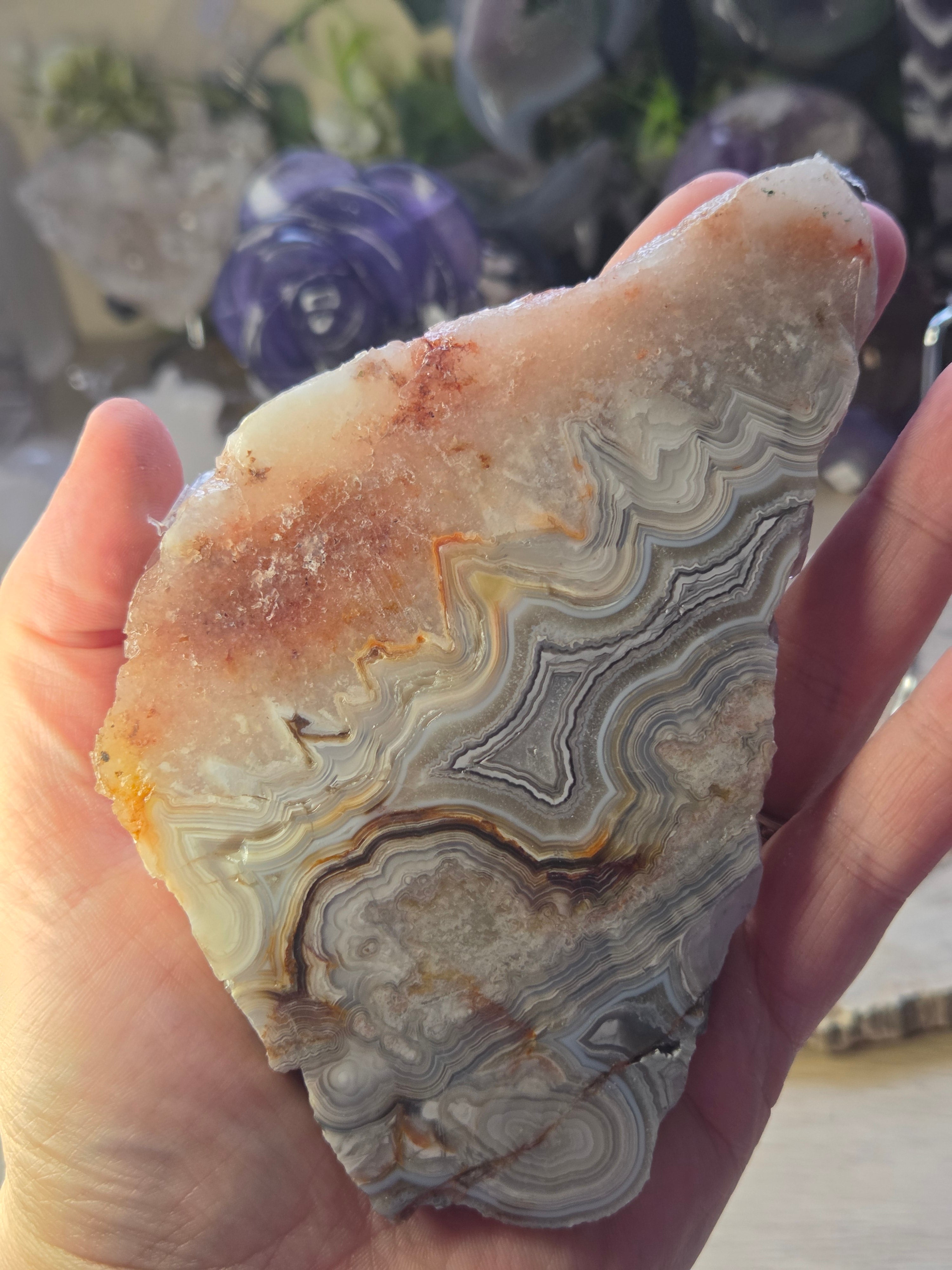 Mexican crazy lace agate with pink amethyst with stand
