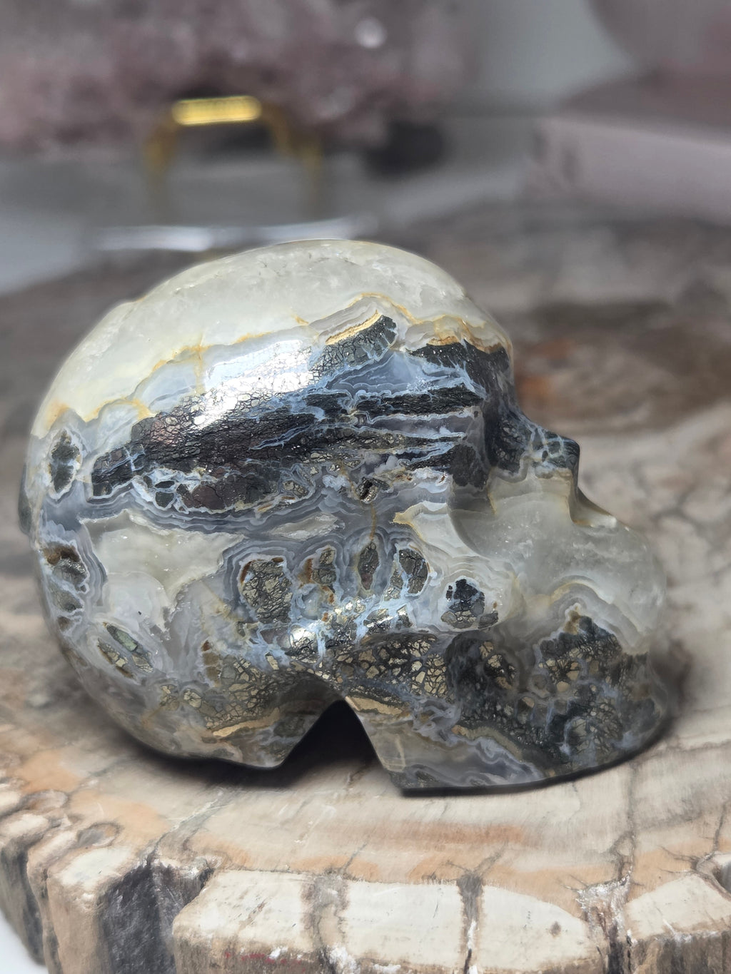 Pyrite agate crystal skull carving