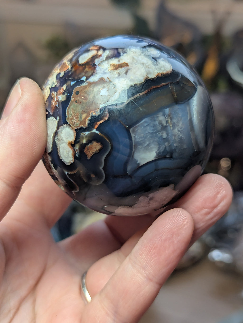 Blue  flower agate crystal sphere with stand