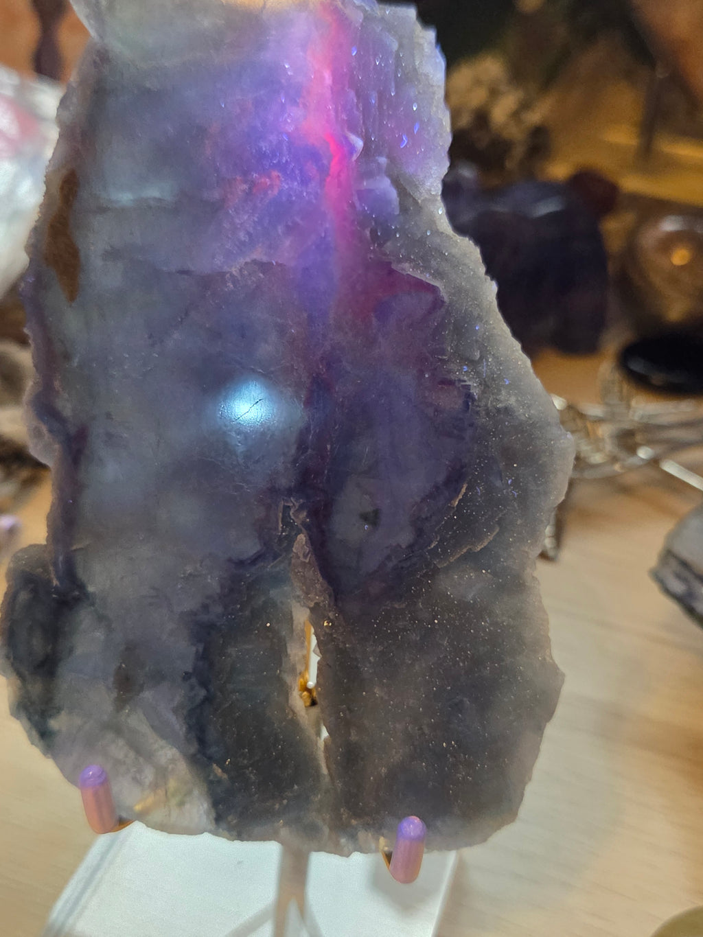 Blue flourite crystal slice with stand red UV reactive and sugar duzy