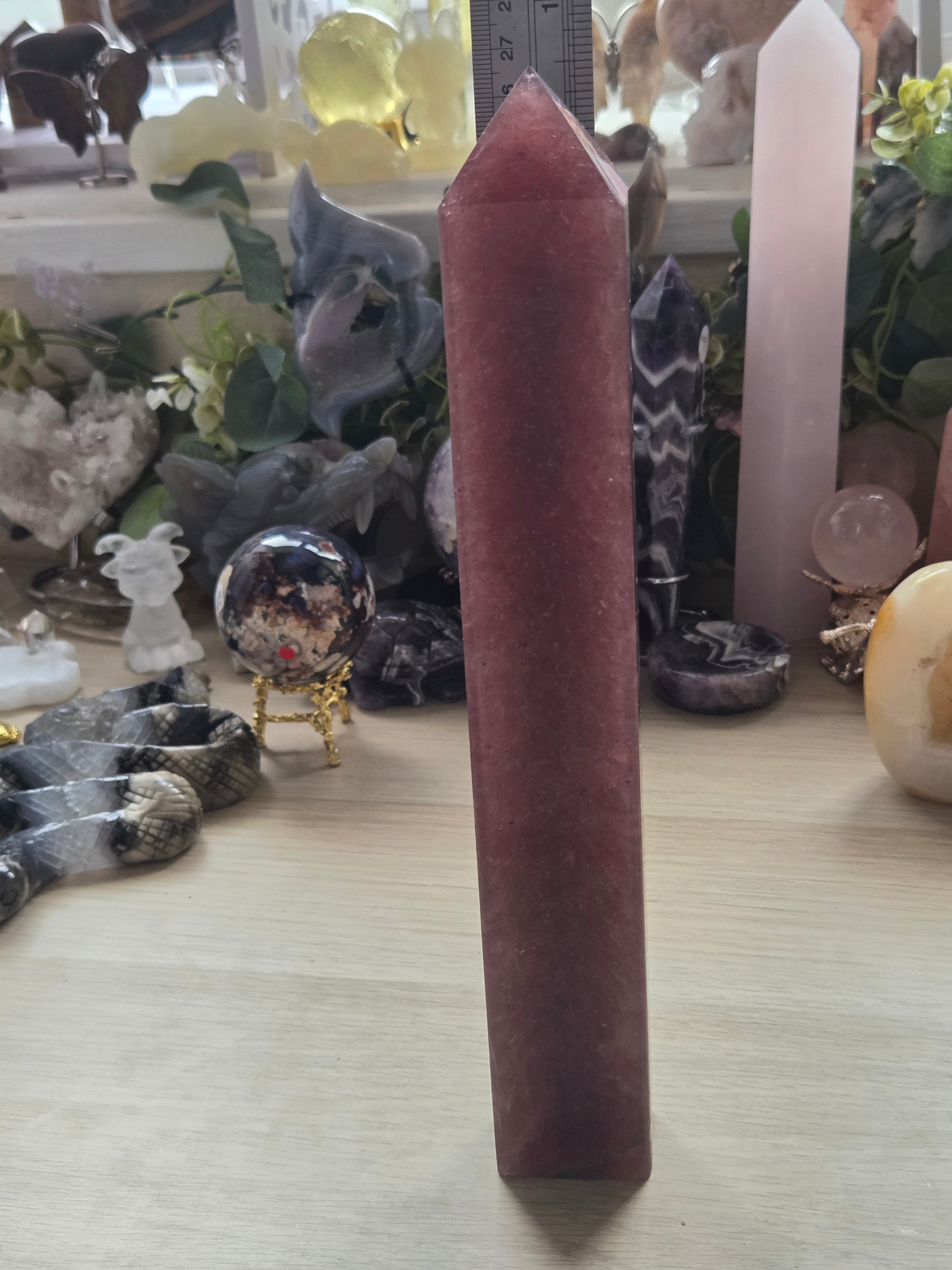 Xl strawberry quartz crystal tower carving