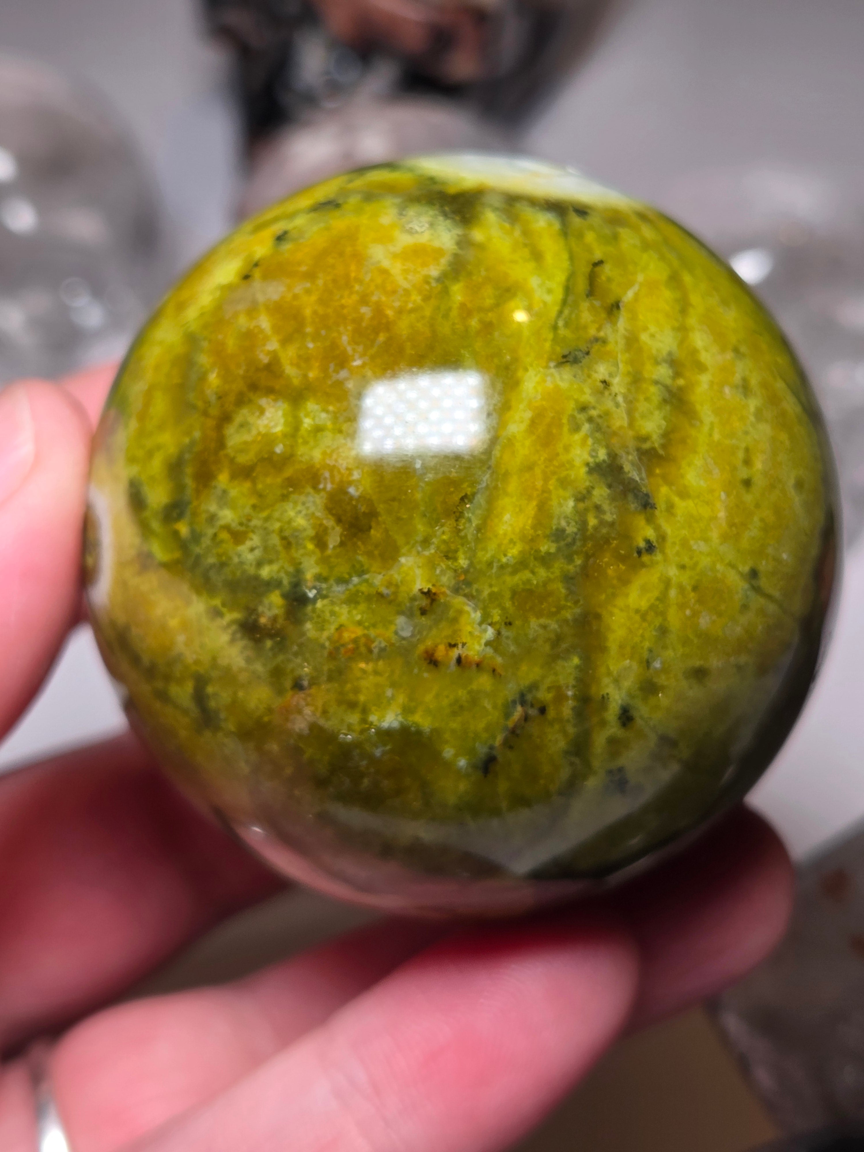 Green Opal crystal sphere carving with Stand