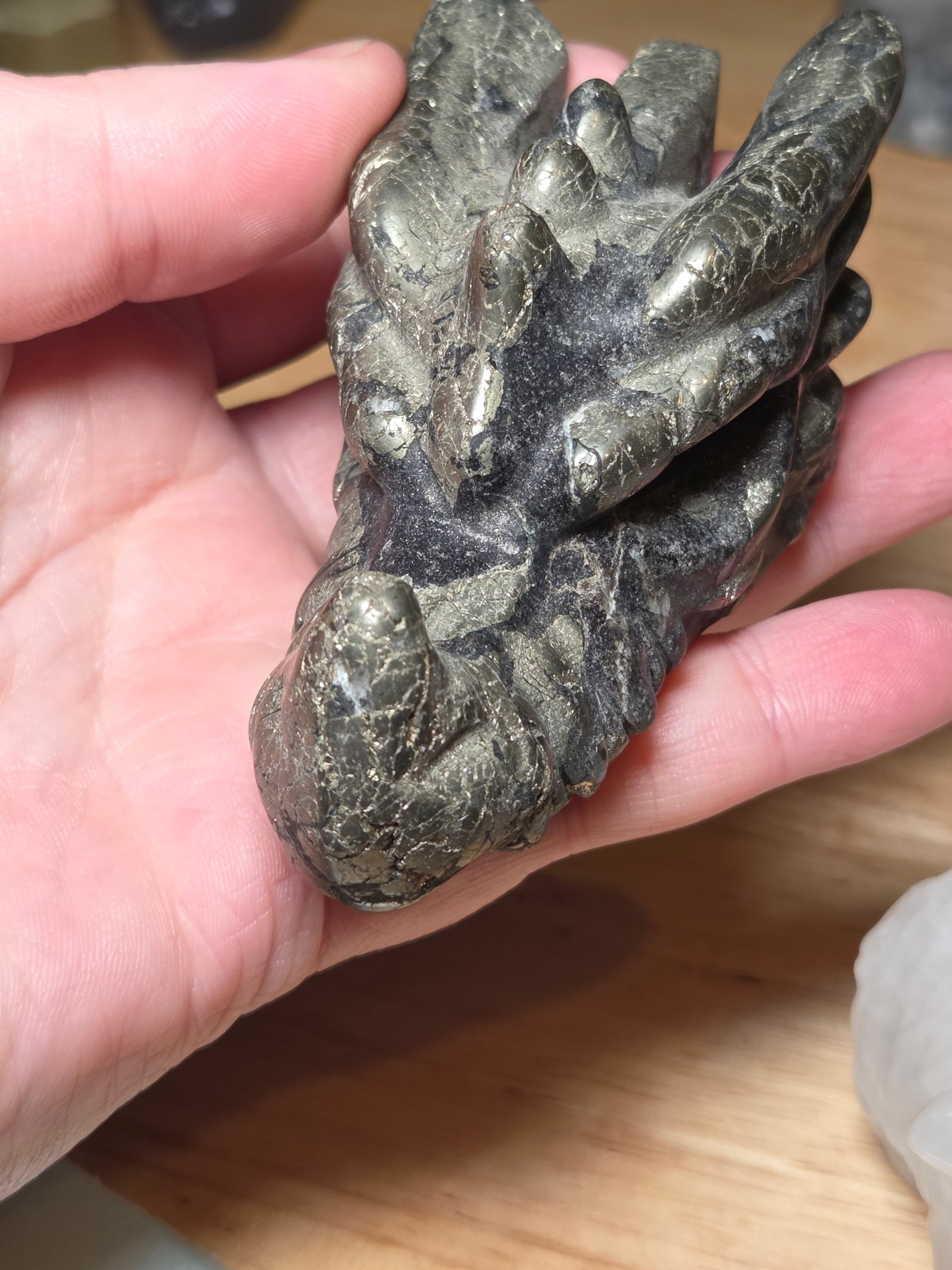 Medium pyrite crystal dragon head carving