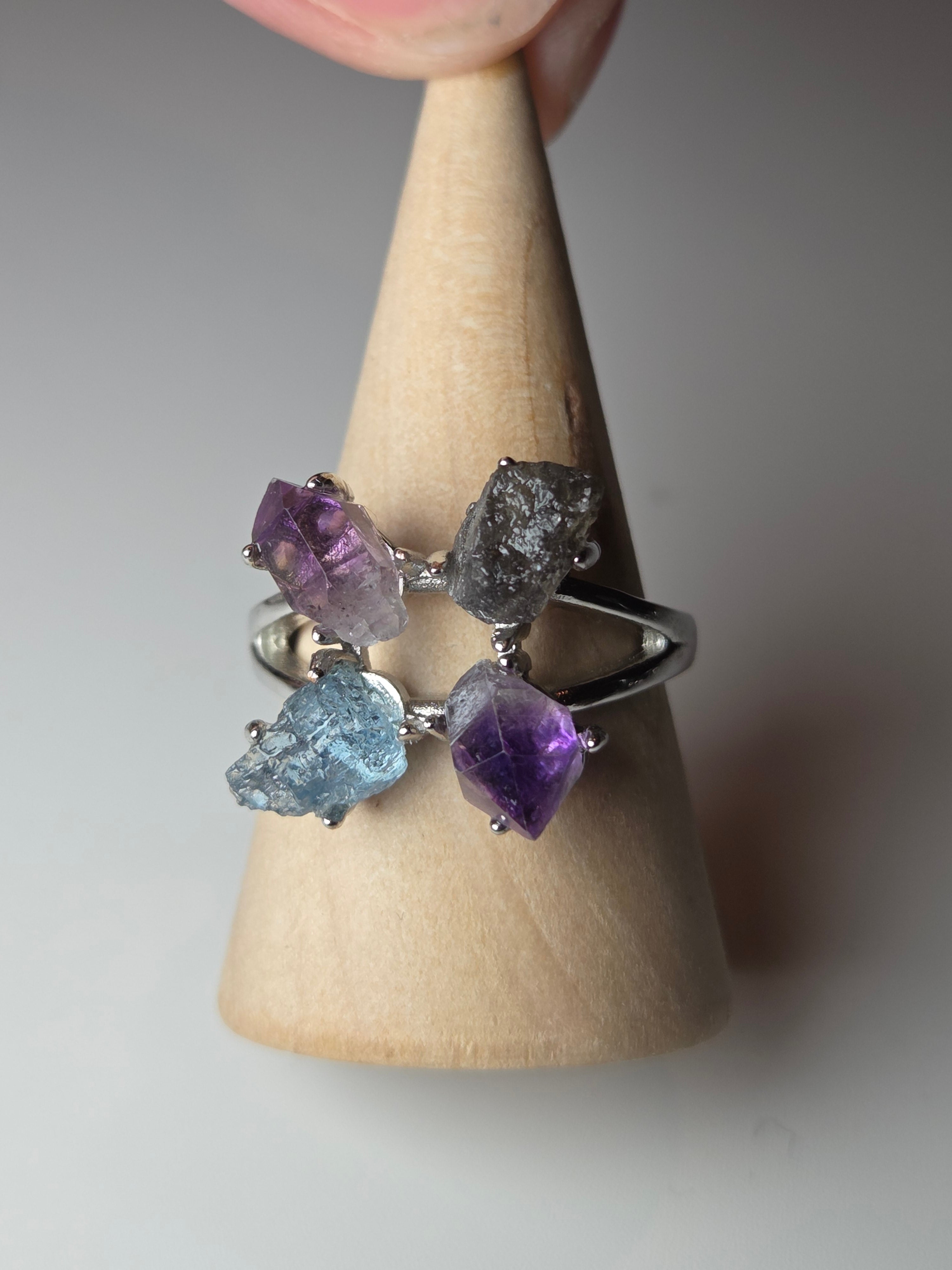 Aquamarine super 7 and heckimeer Diamond crystal adjustable ring