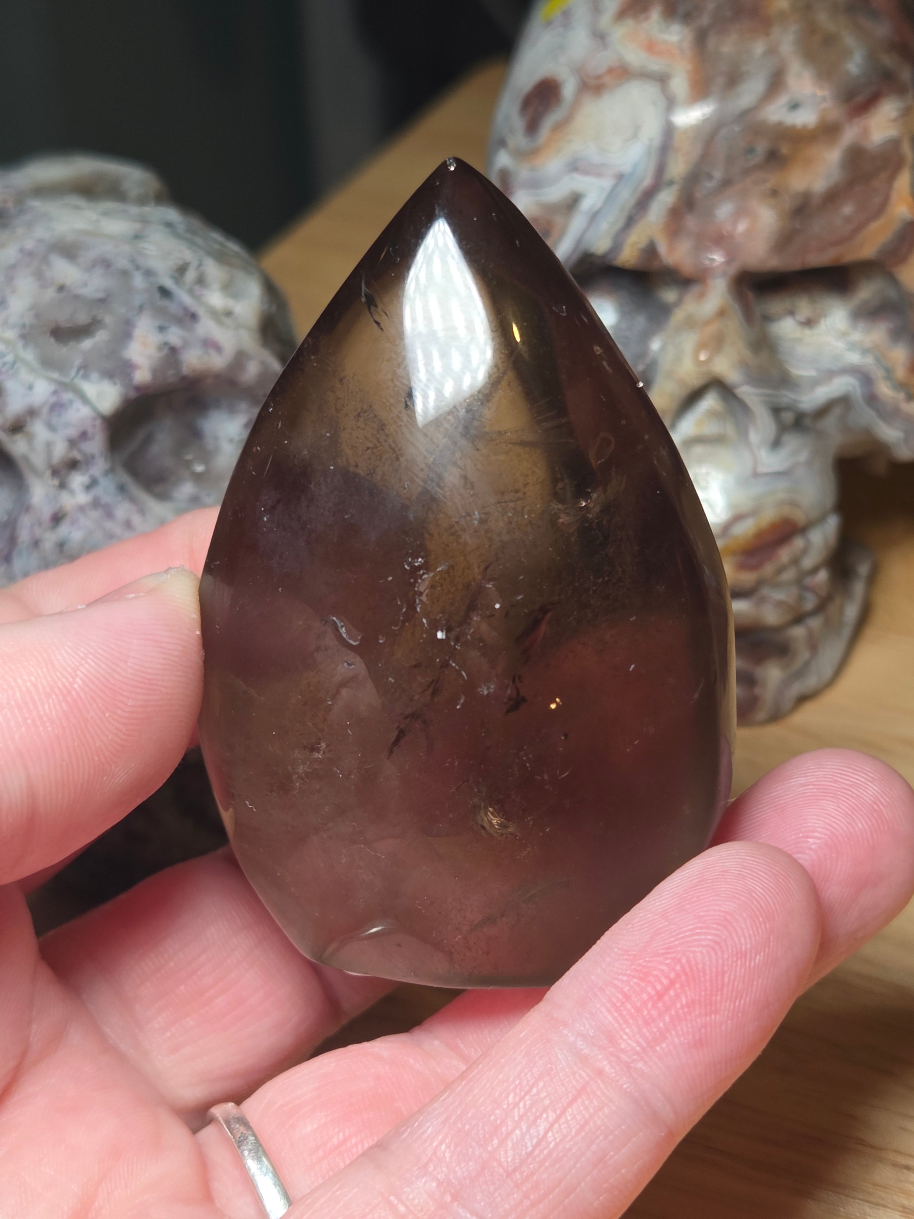 Smokey quartz crystal tear drop carving