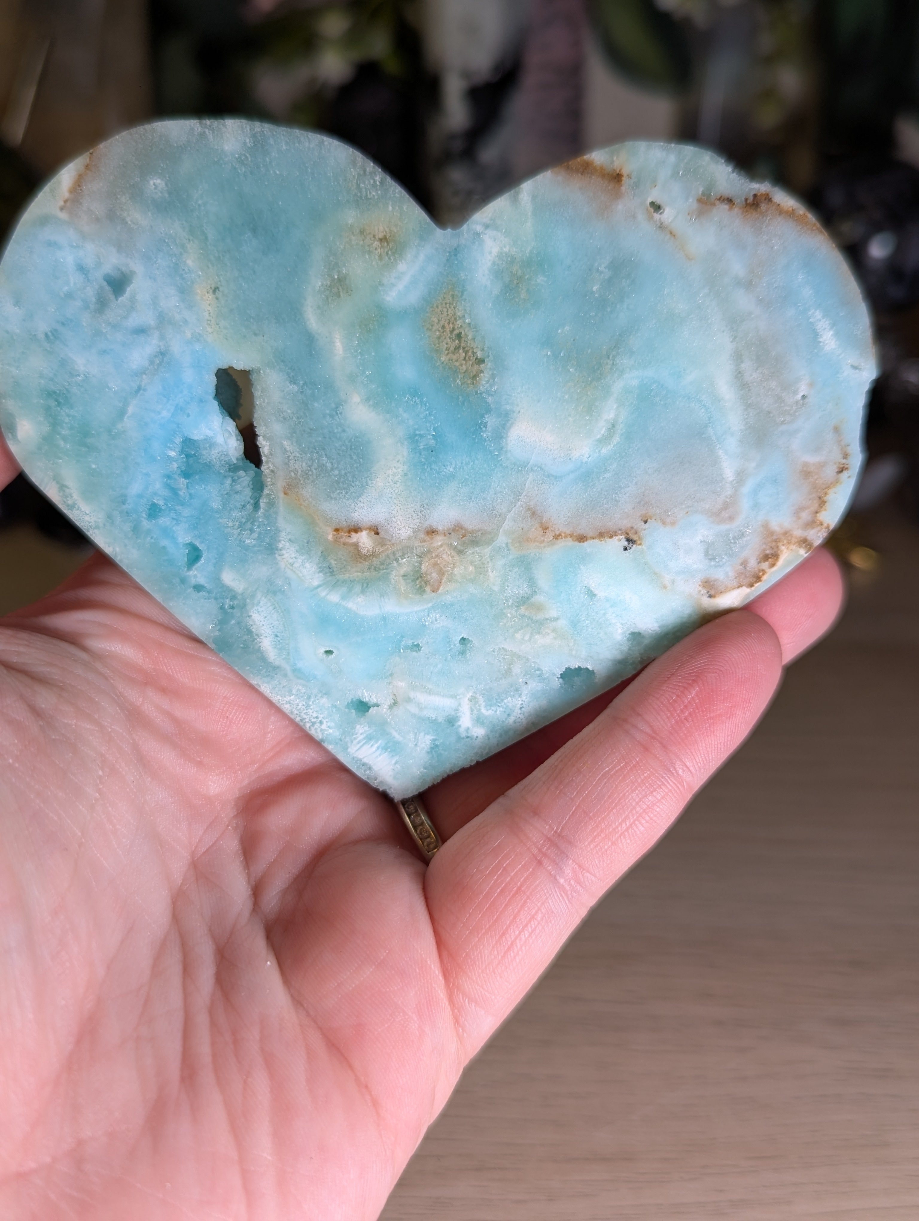 Hemimorphite crystal heart carving with stand