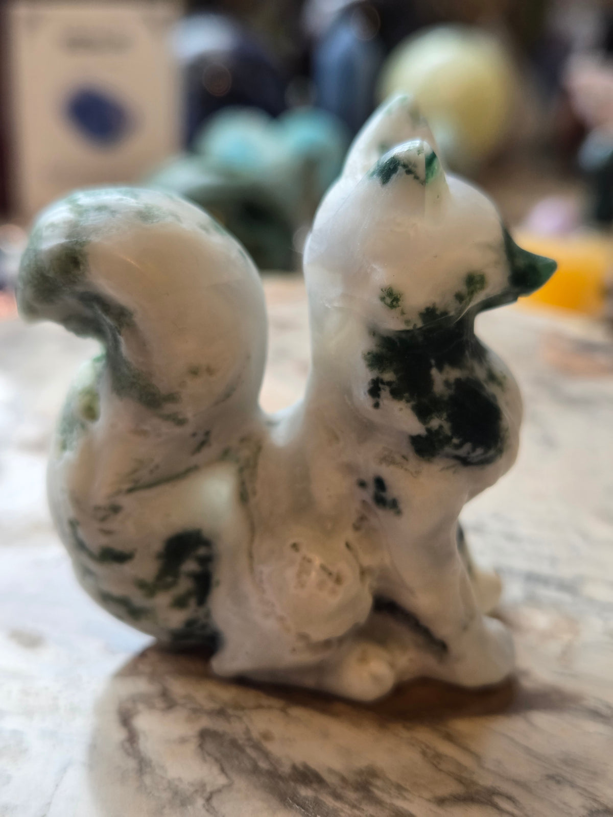 Moss agate crystal fox carving