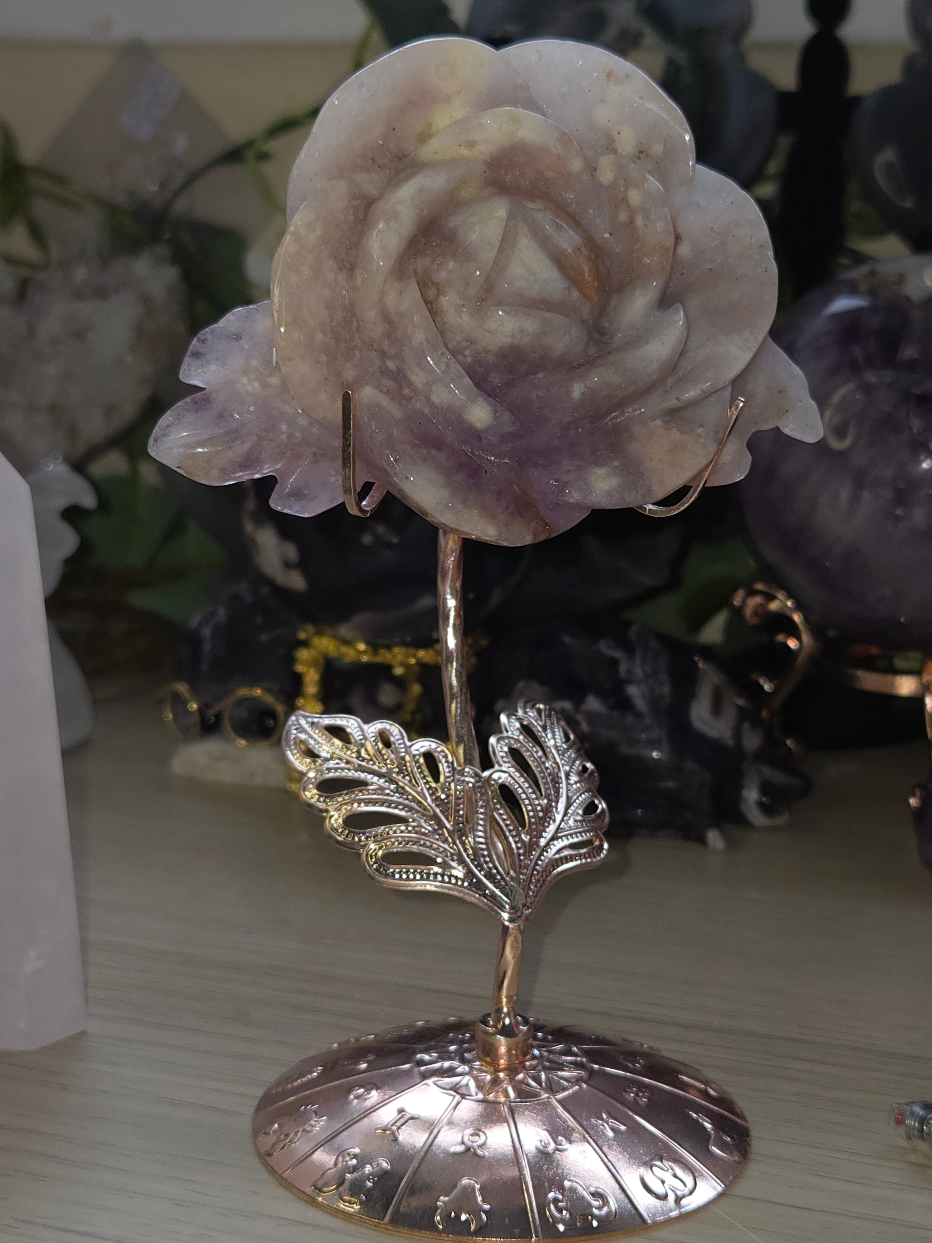 Amethyst Flower agate crystal rose carving with stand