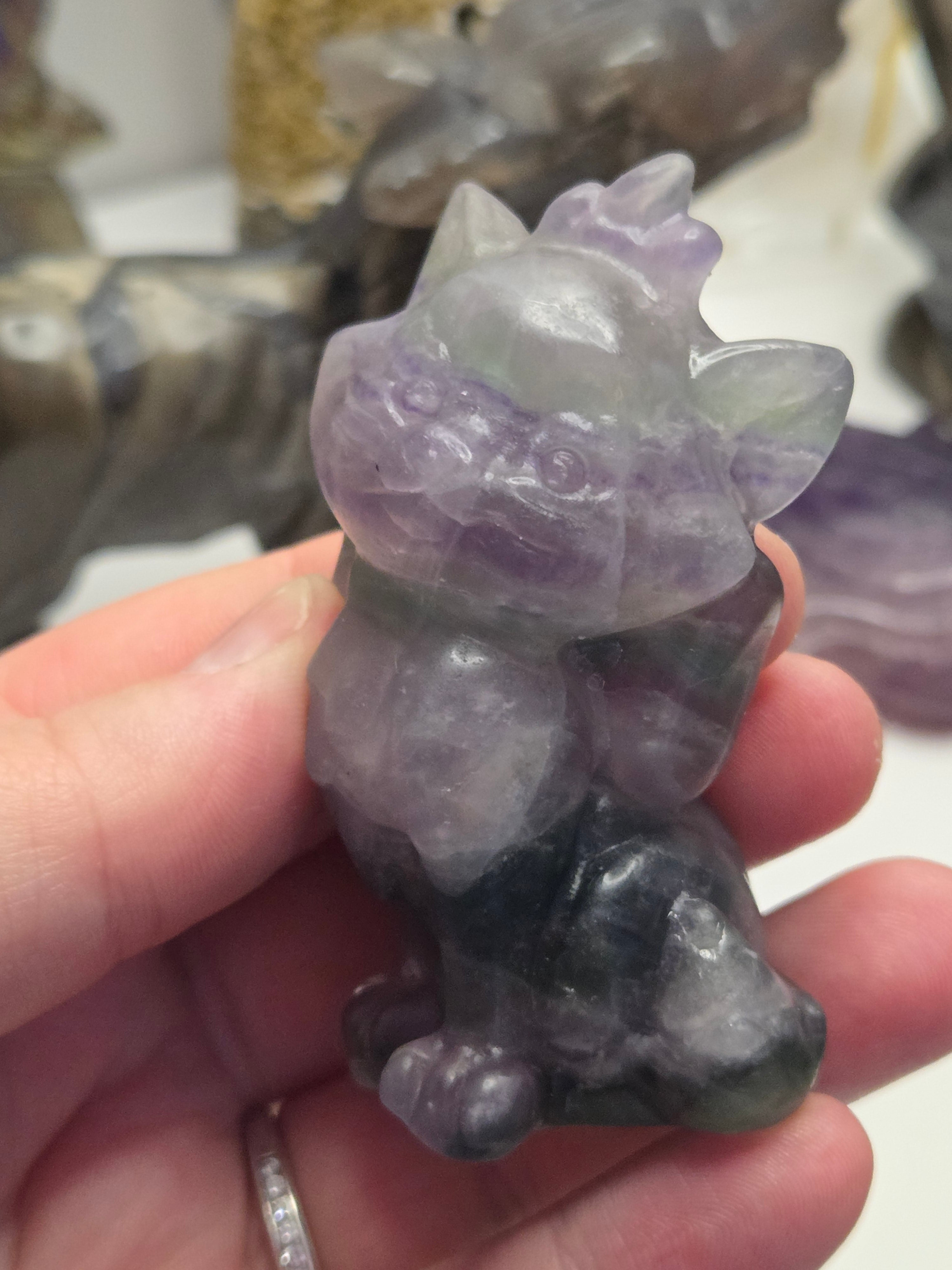 Rainbow flourite crystal Marie Cat carving