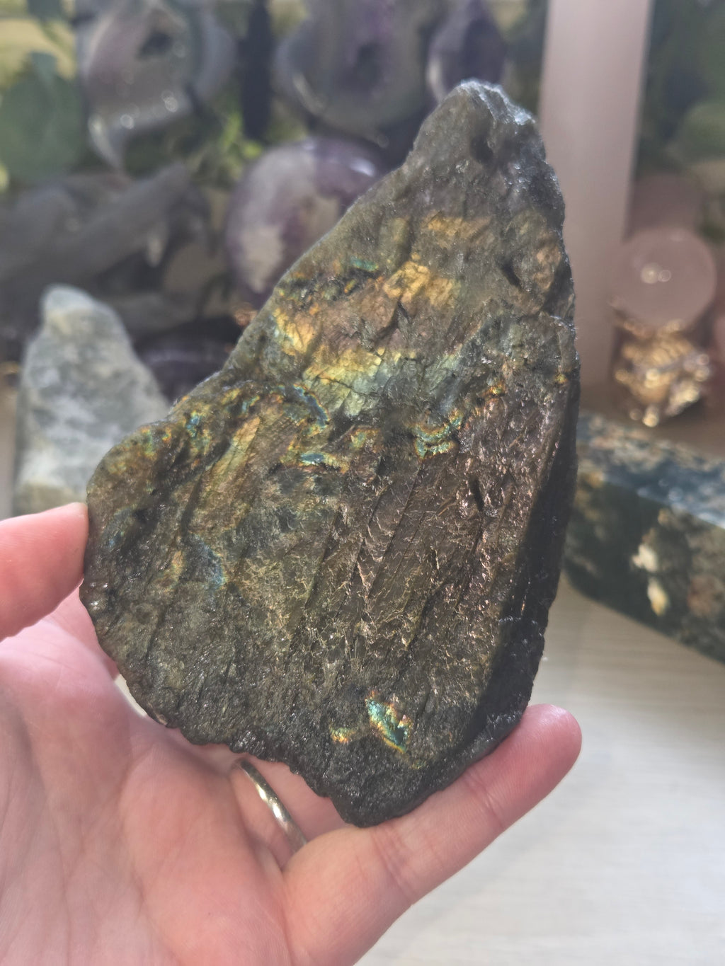 Large labidorite crystal raw crystal with Stand