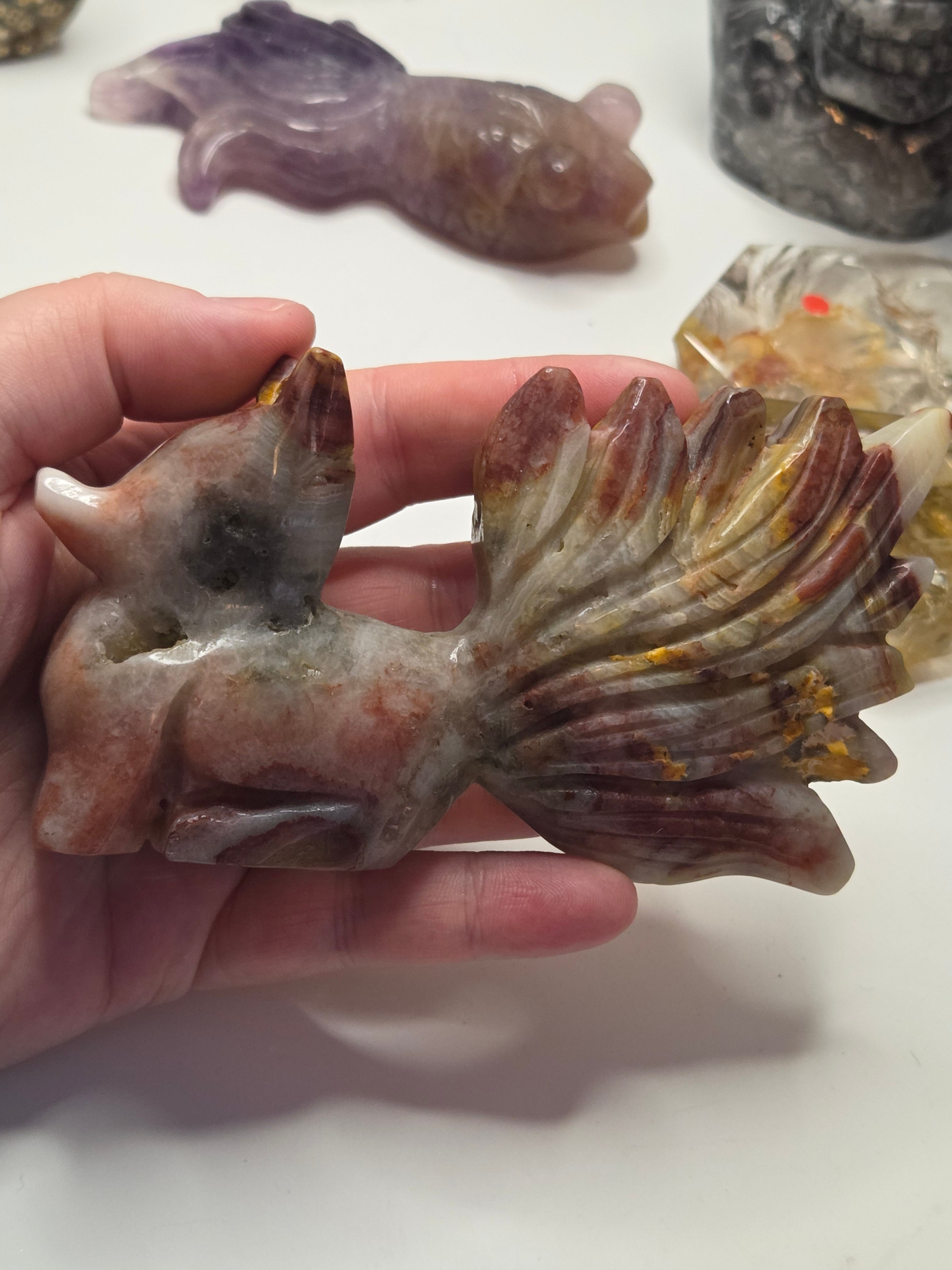 Mexican agate crystal nine tail fox carving