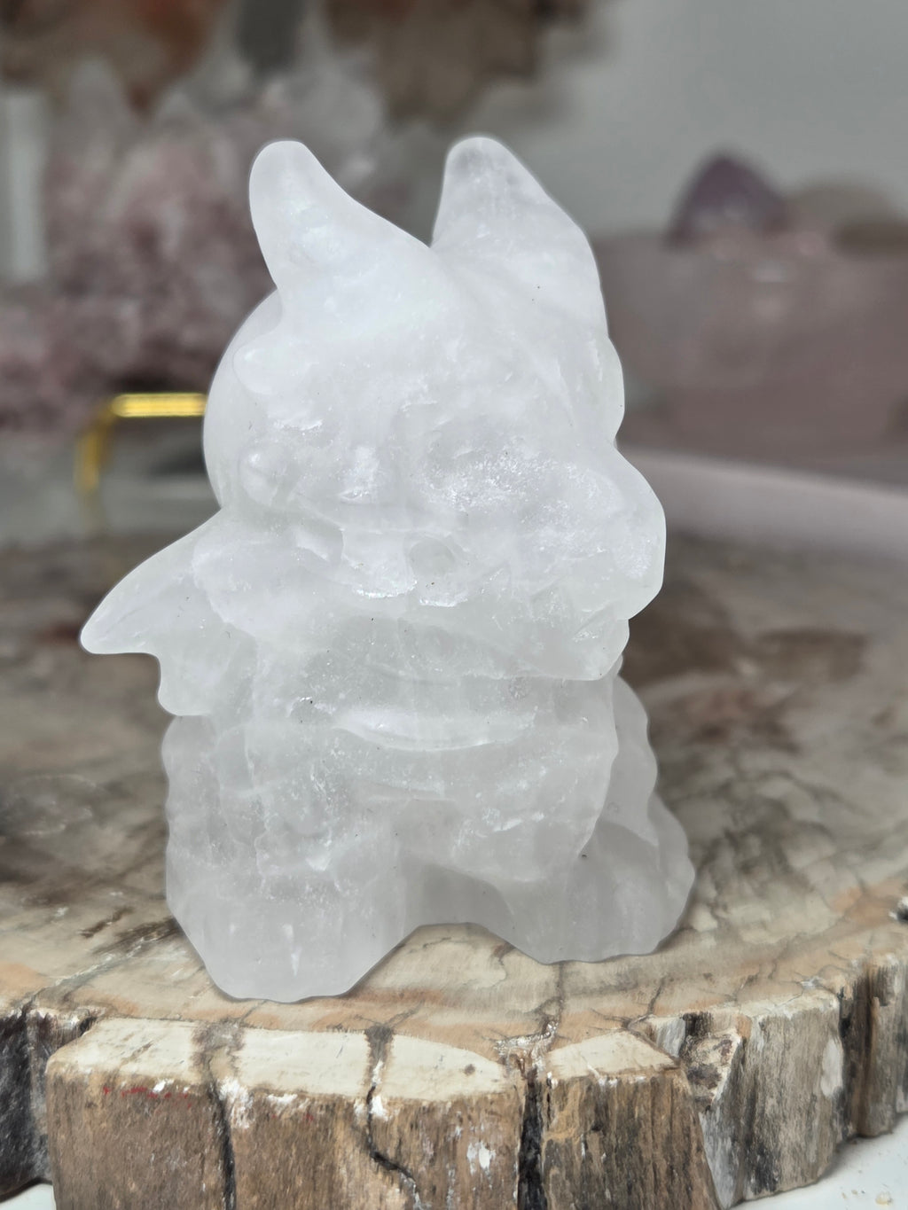 Clear quartz crystal dragon carving
