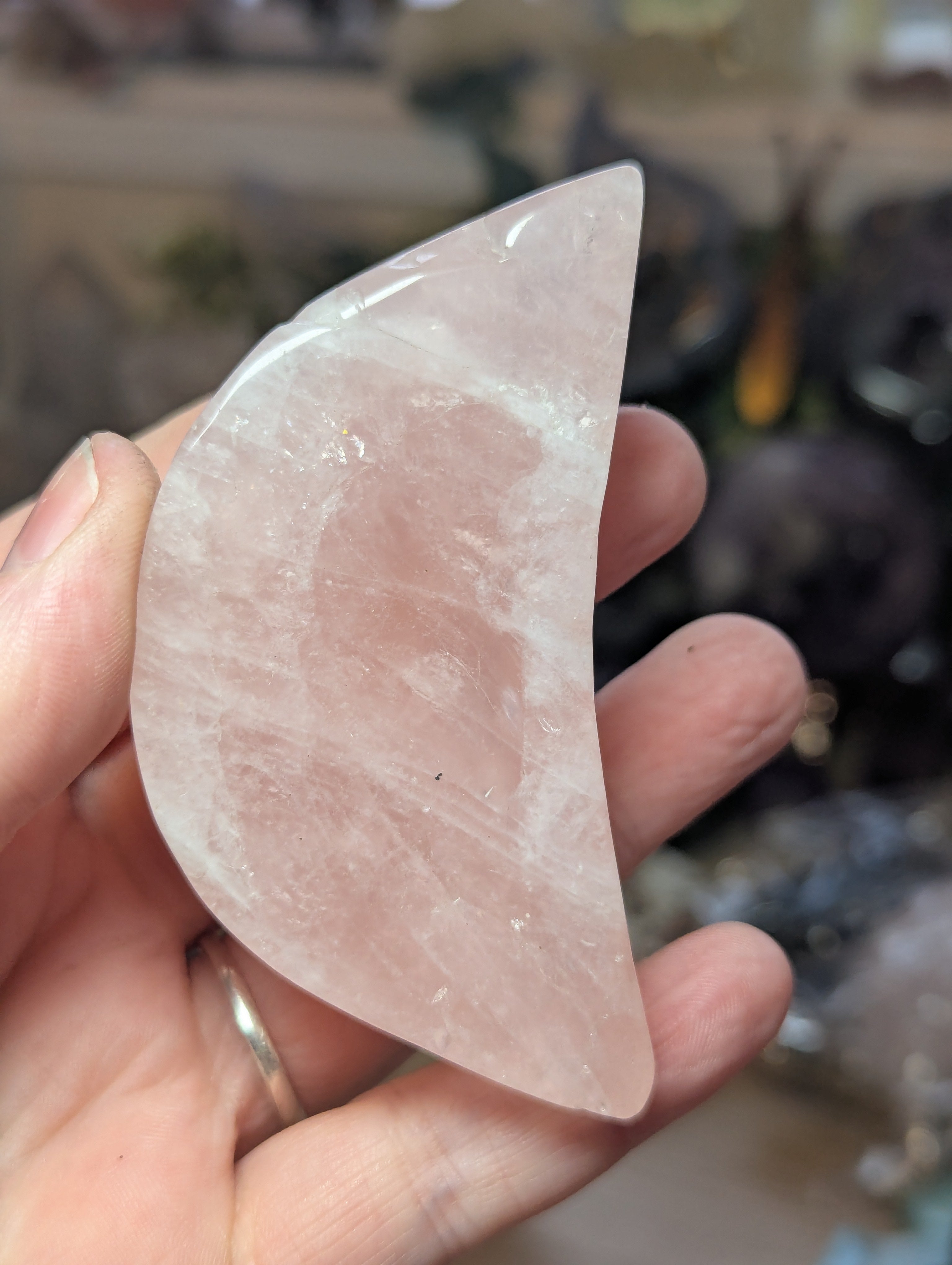 Rose quartz crystal dish with imperfections