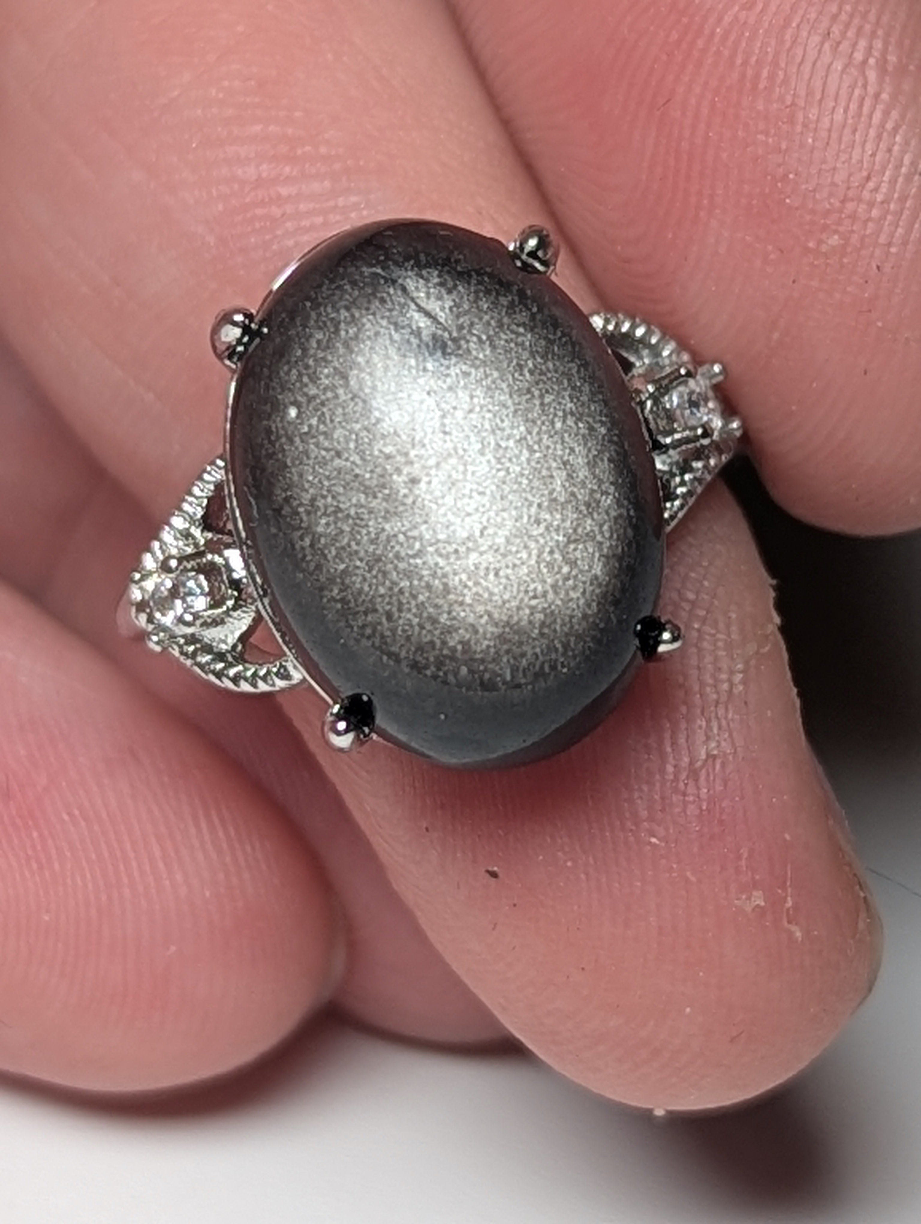 Silver sheen obsidian crystal adjustable ring