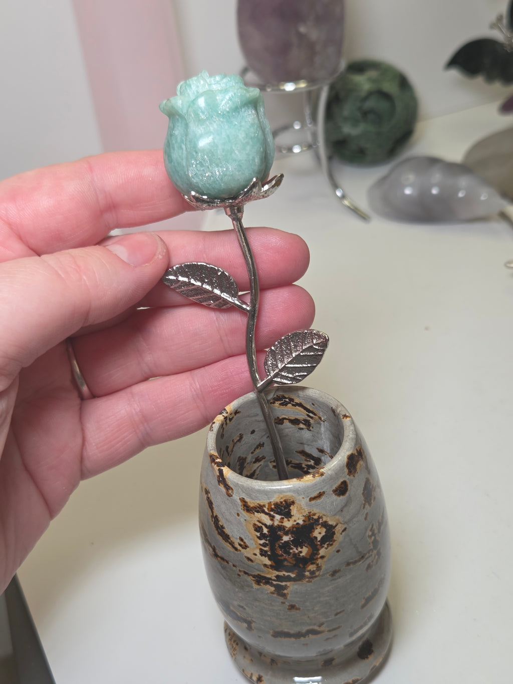 Amazonite crystal rose carving on a stem