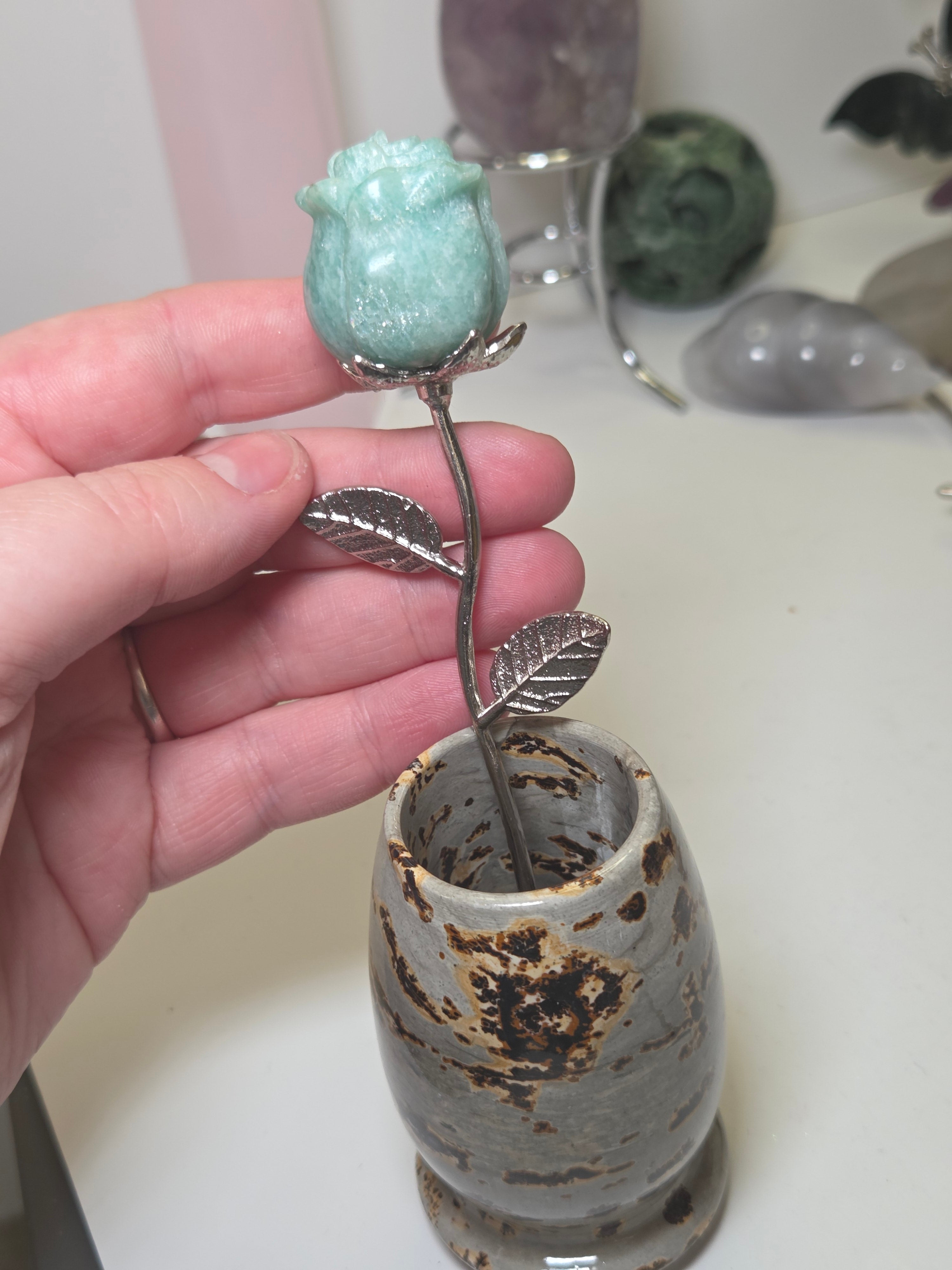 Amazonite crystal rose carving on a stem