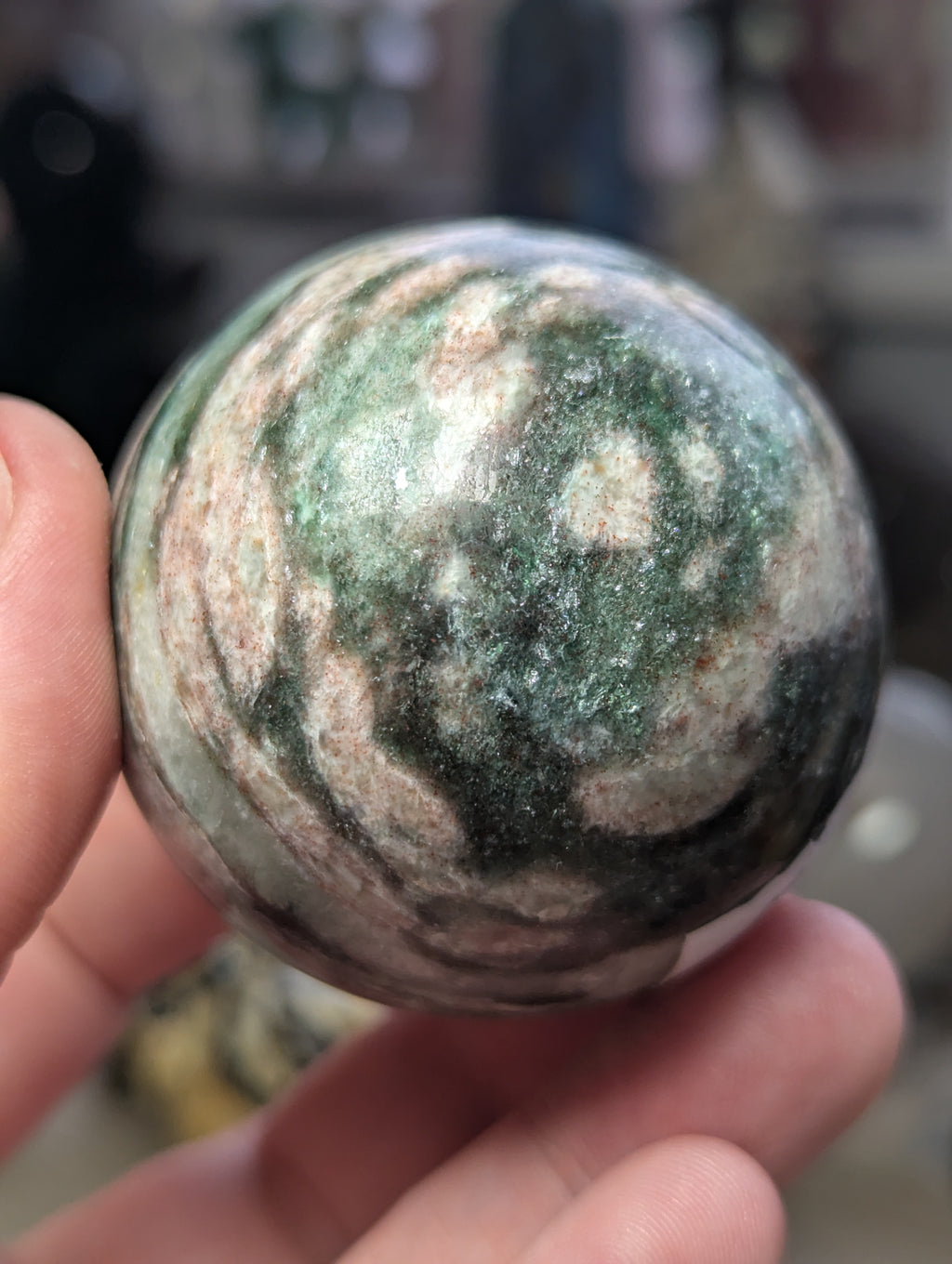 Green mica with plumb blossom tourmaline sphere 5cm