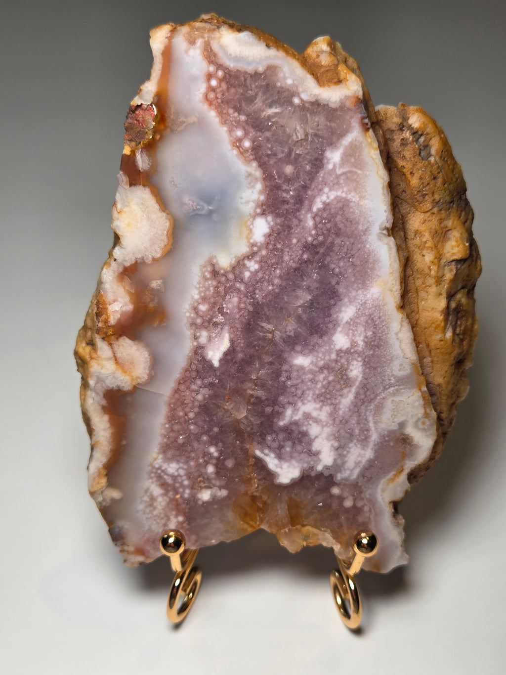 Pink and purple flower Amethyst crystal slice with stand