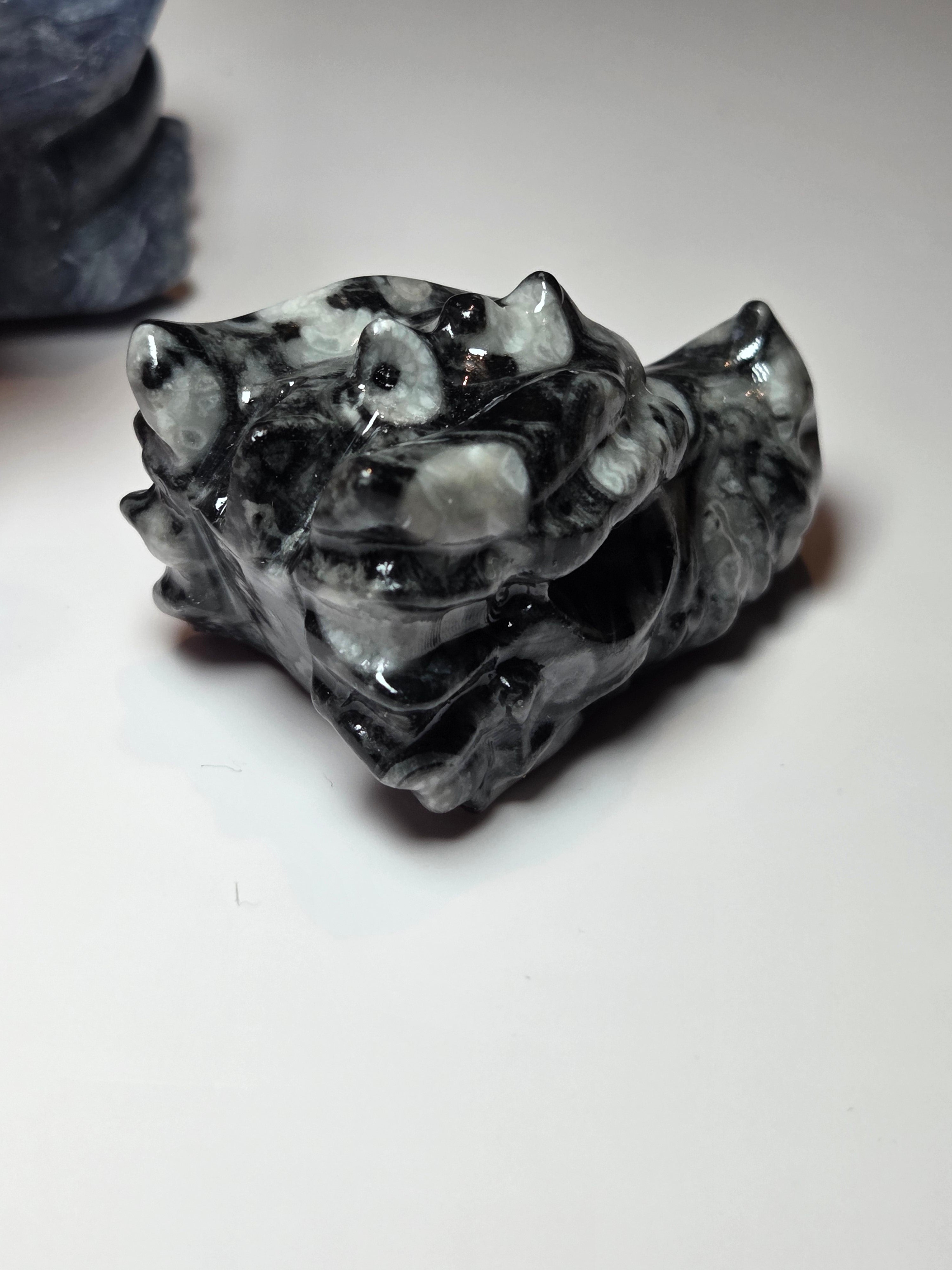 Fossil stone crystal dragon head carving