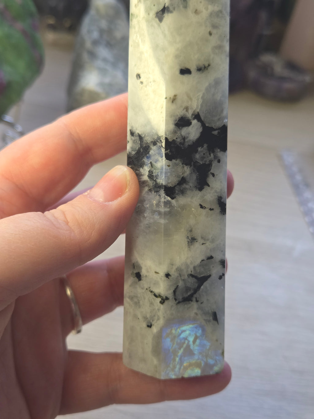 Rainbow moonstone crystal tower carving