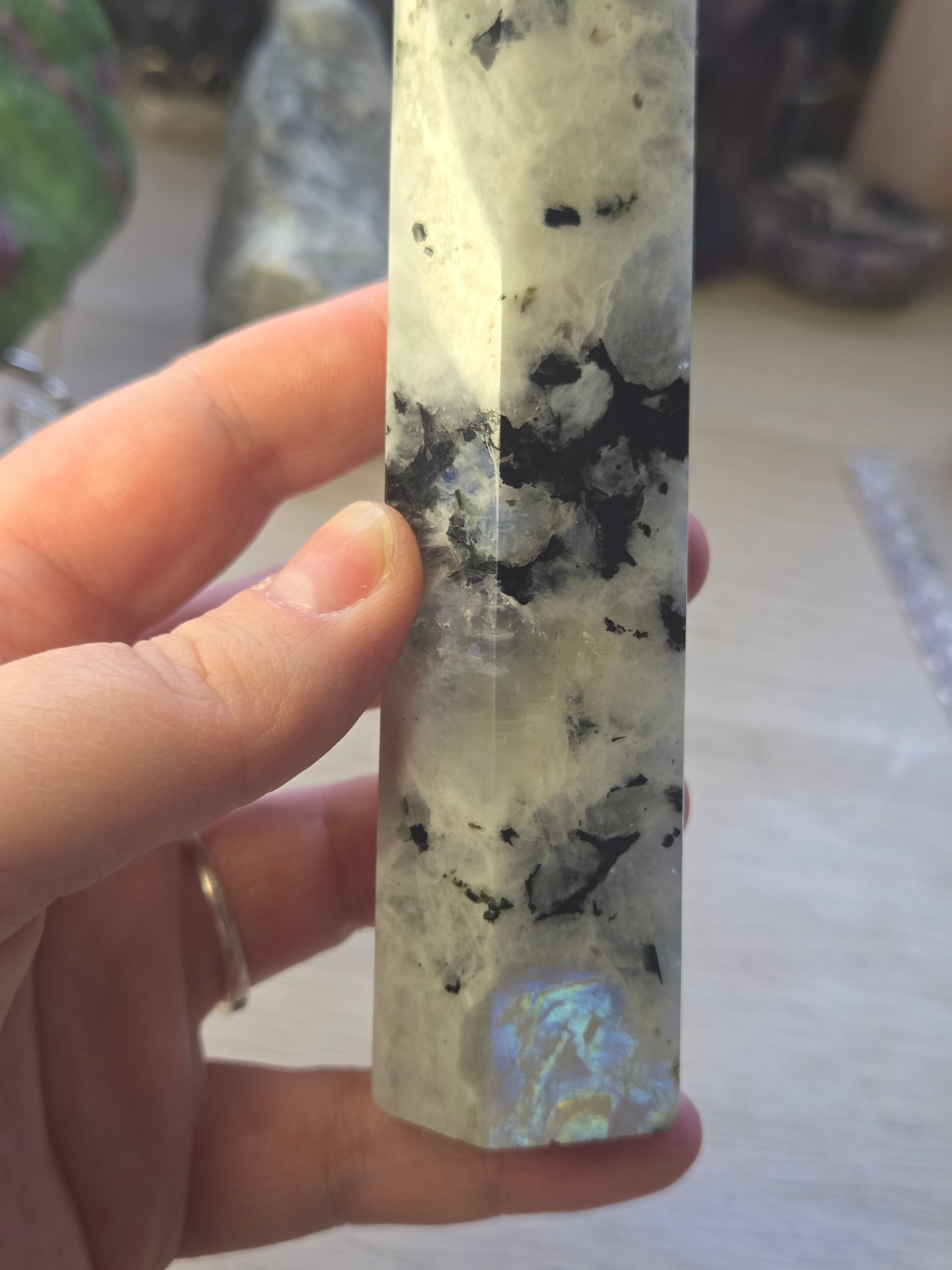 Rainbow moonstone crystal tower carving
