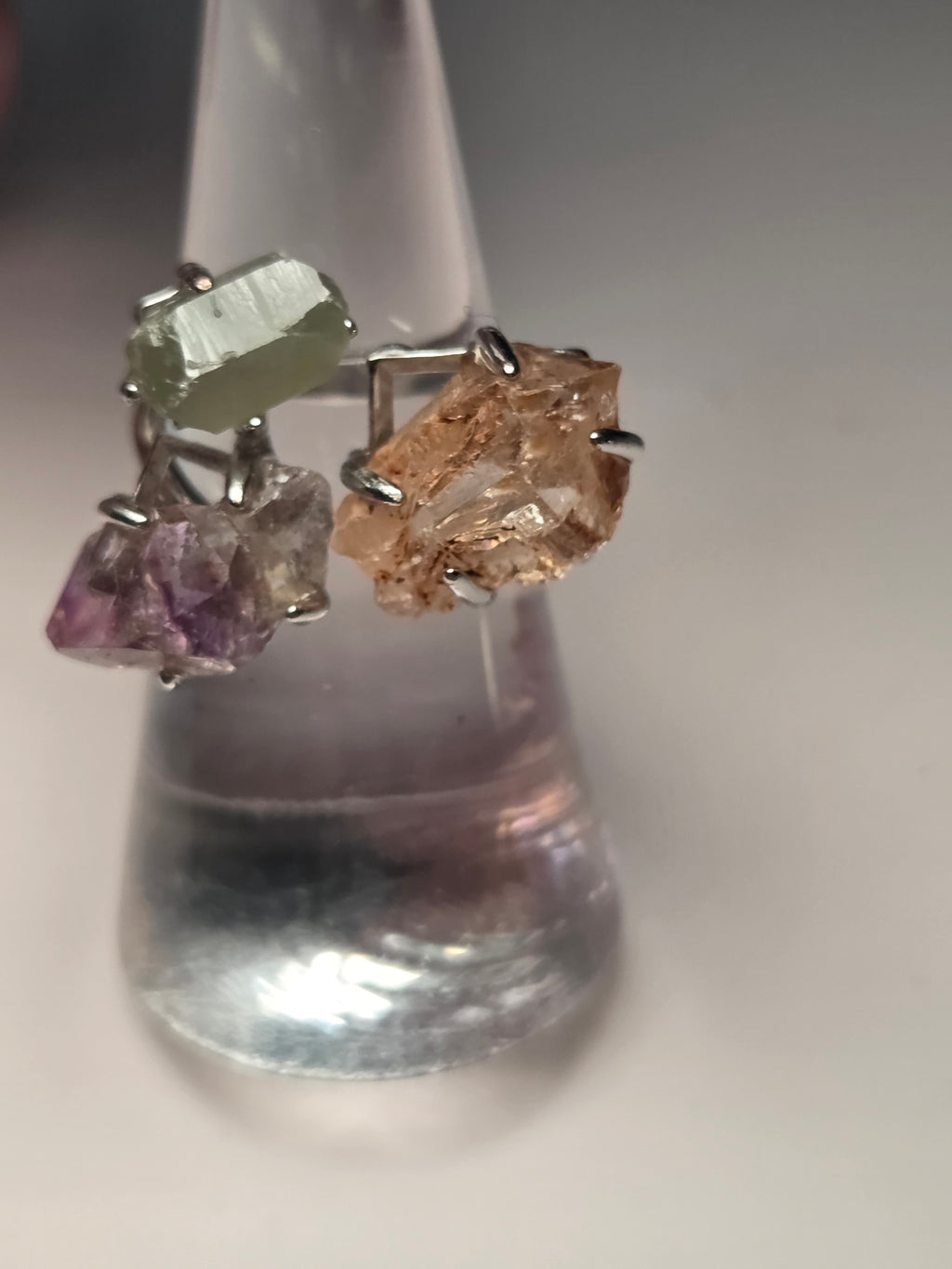 Specimen adjustable ring with amethyst fire quartz and green Aventurine