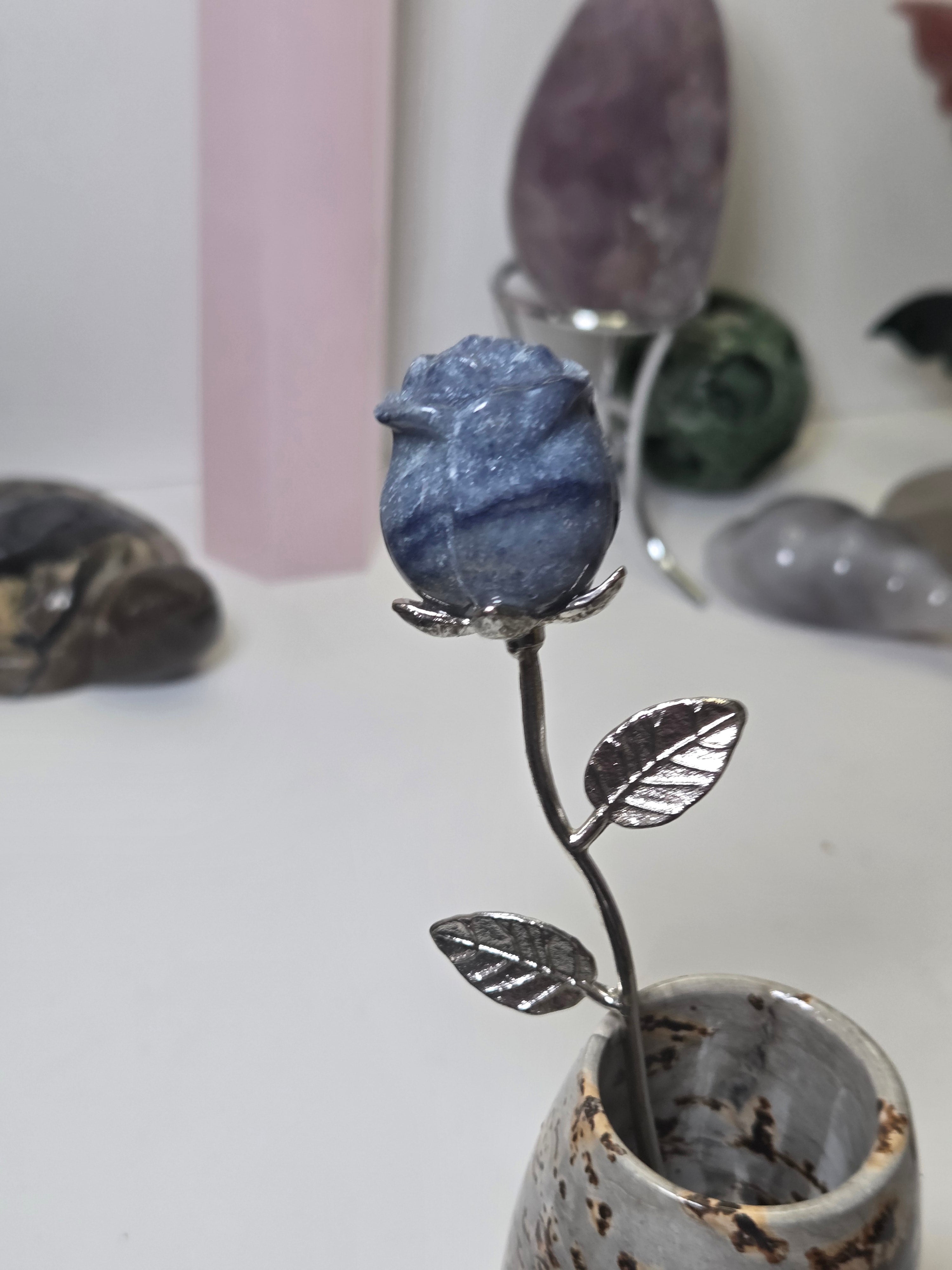 Blue Aventurine crystal rose carving on a stem