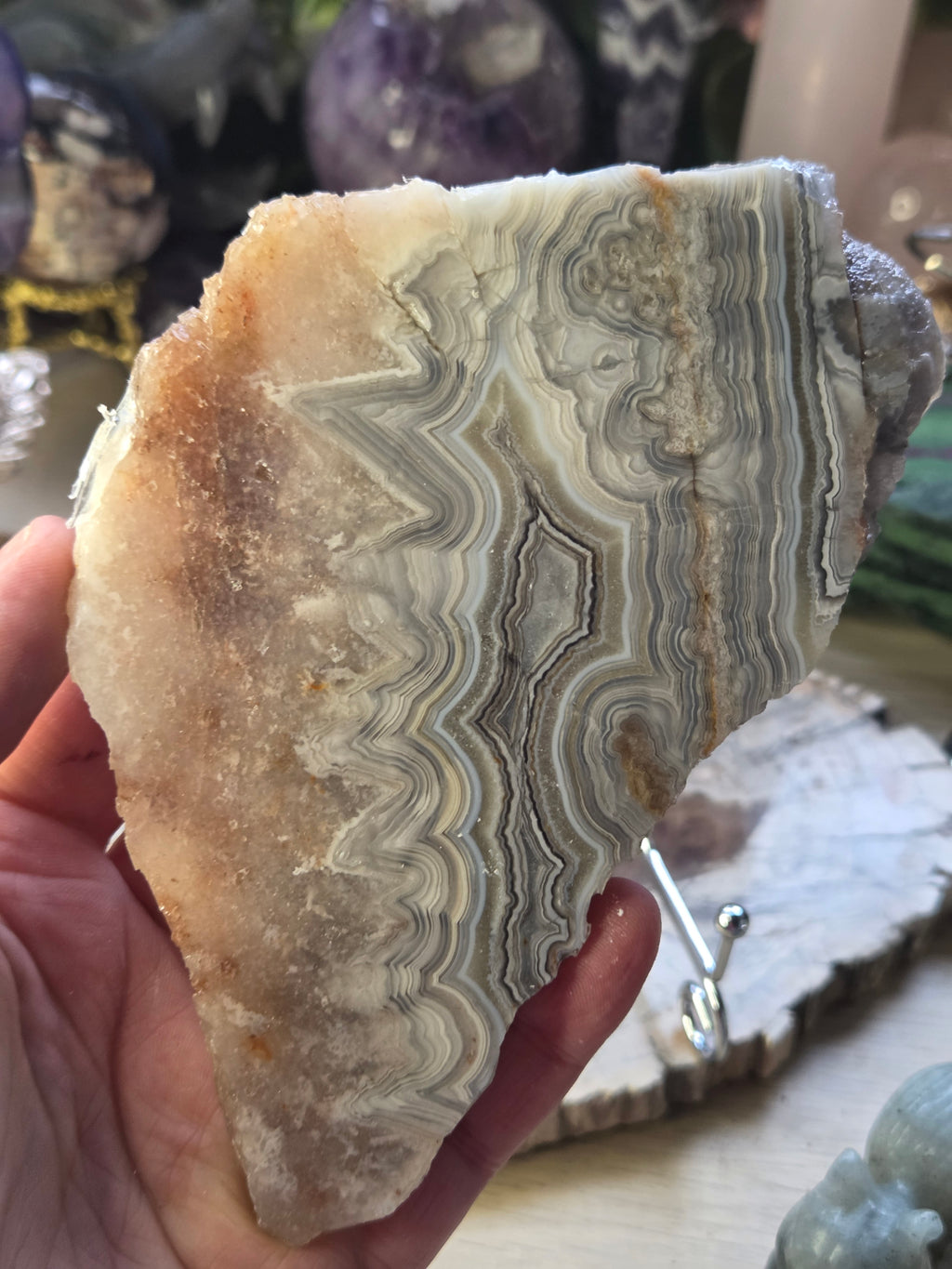 Mexican crazy lace agate with pink amethyst with stand