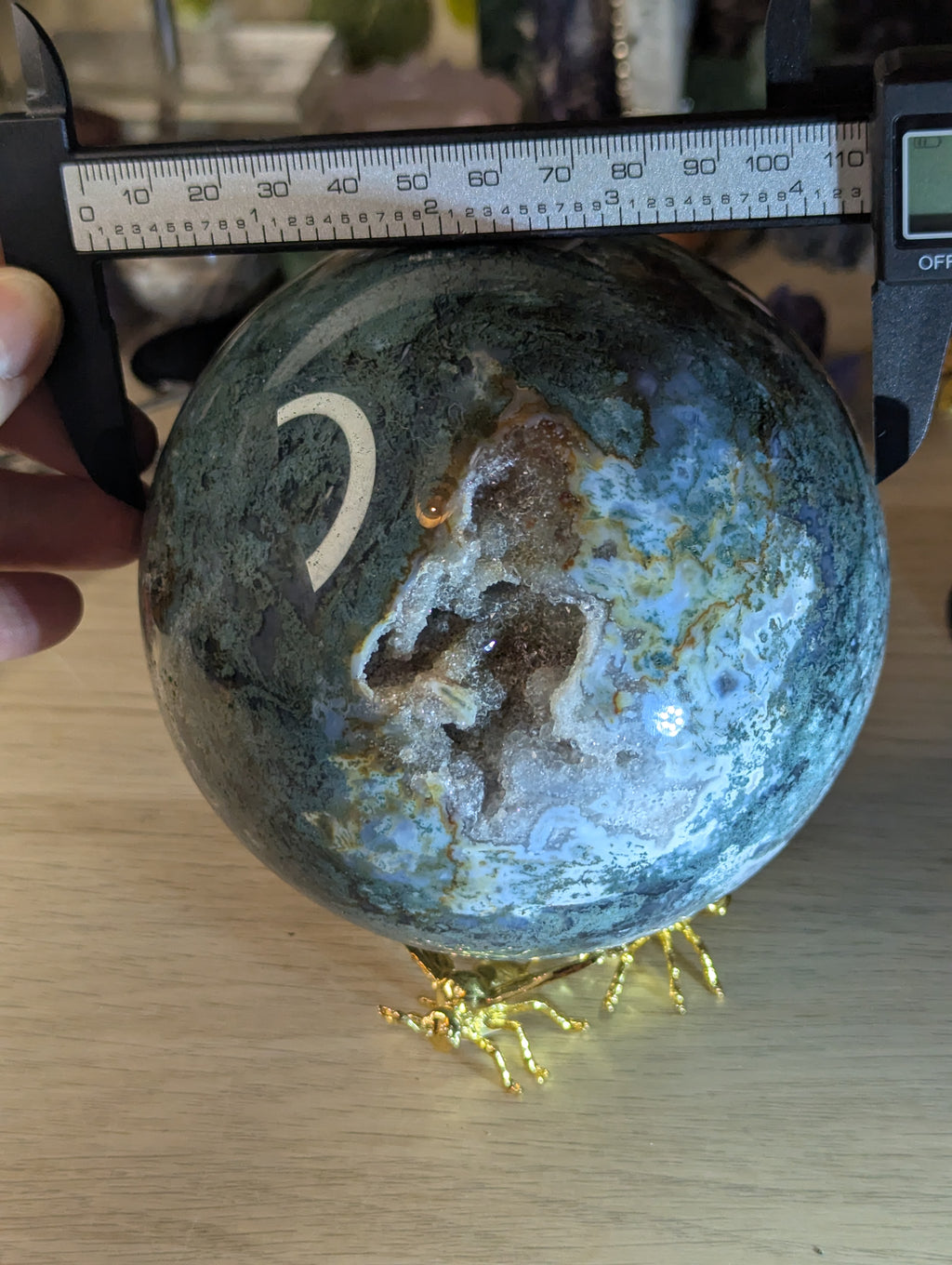 New 50% off on check out XL Moss Agate crystal sphere with stand over 13cm