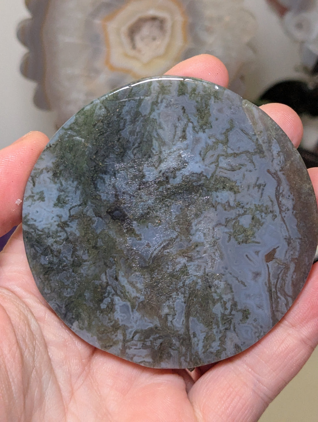 Blue moss agate crystal slice