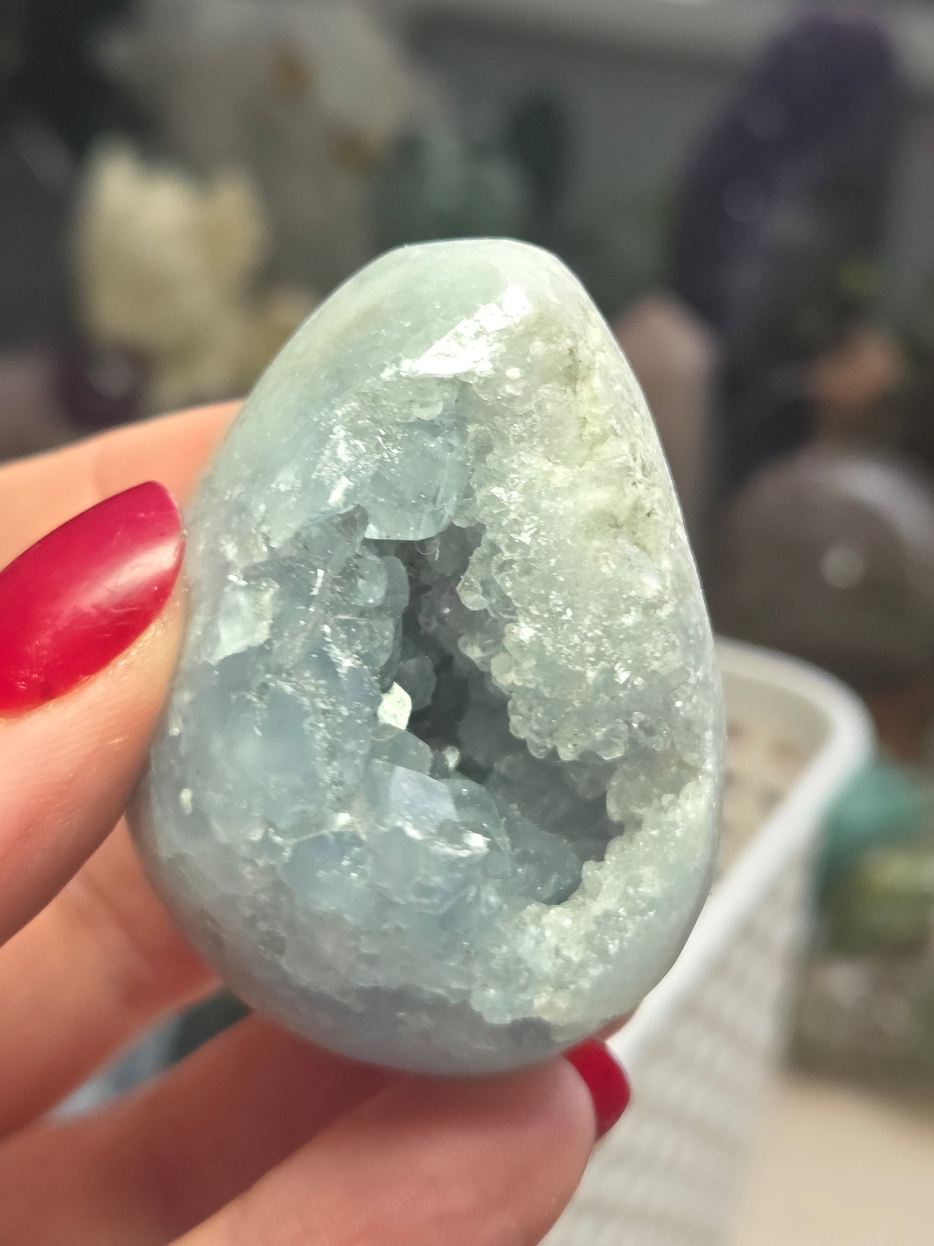 Blue celicite crystal egg carving specimen