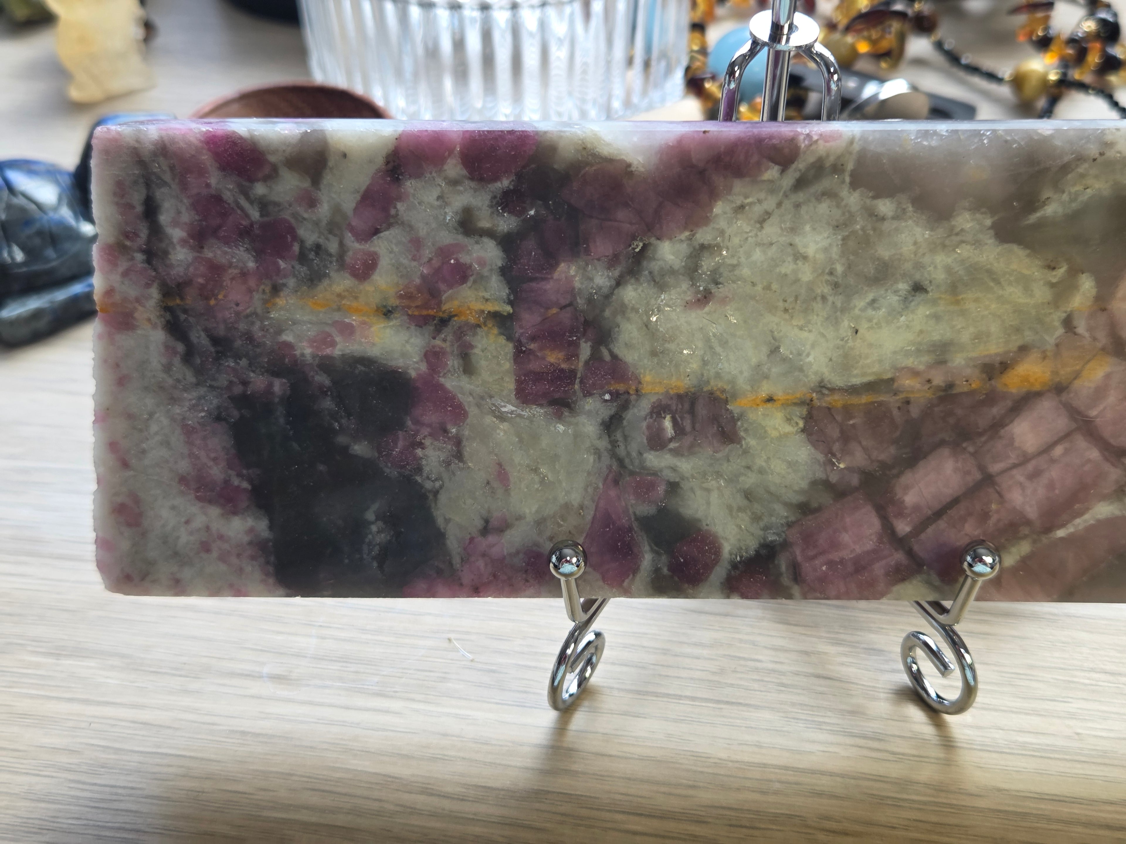 Large Pink Tourmaline crystal slice with silver stand