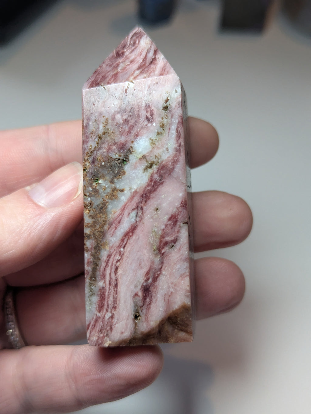 Pink mica crystal tower with imperfections