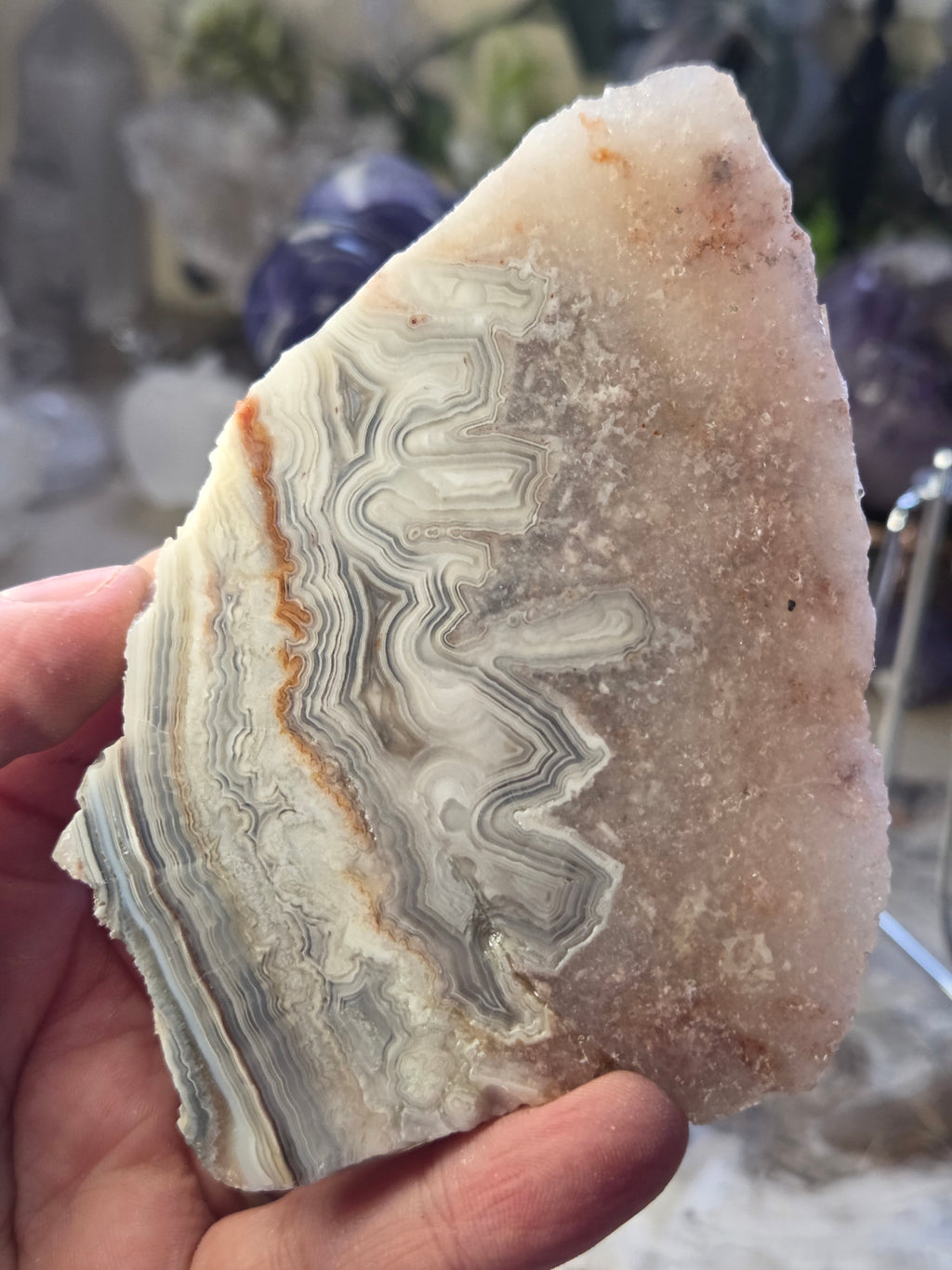 Crazy lace agate crystal slice  with pink amethyst