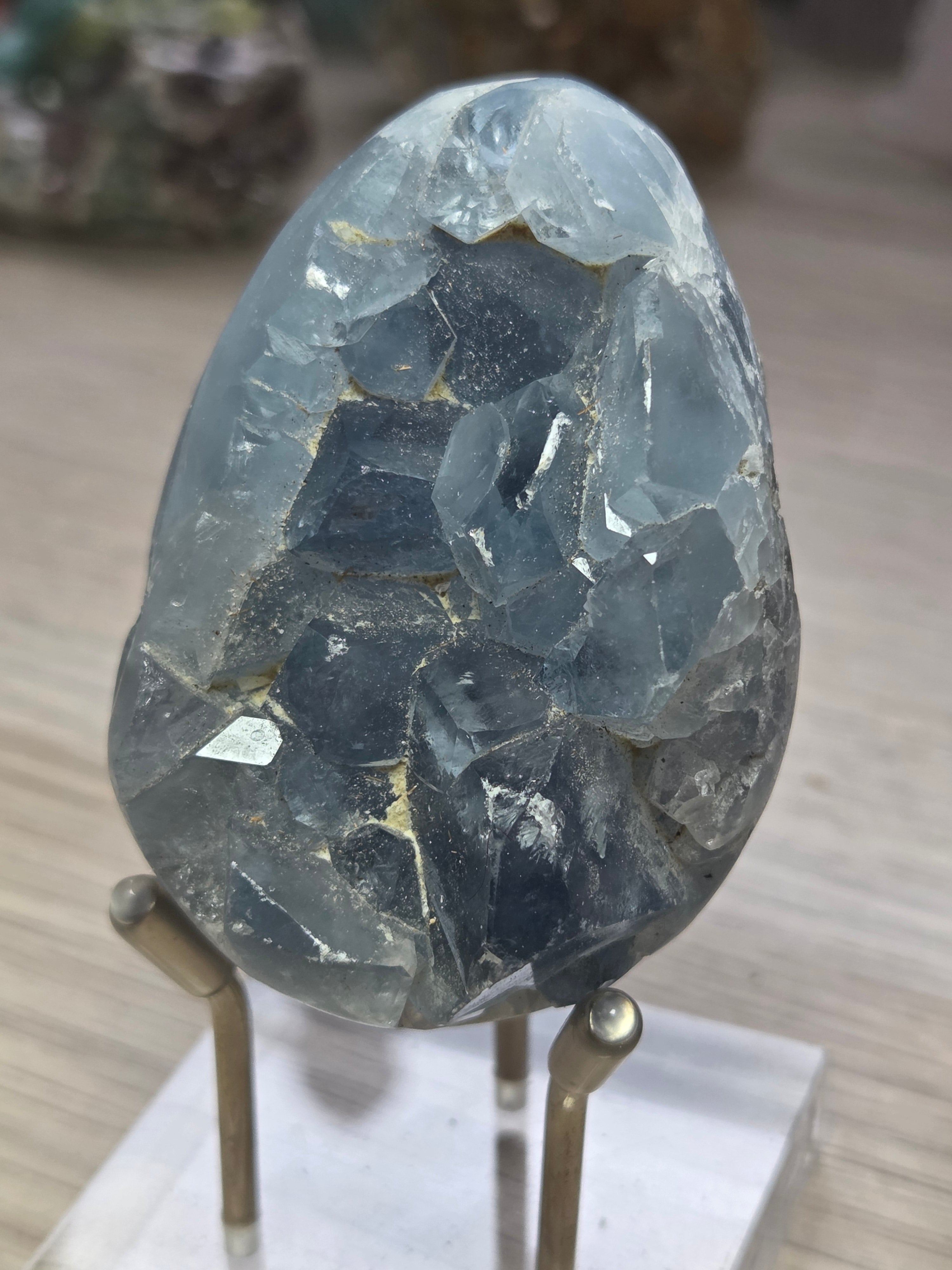 Blue celicite crystal egg carving specimen