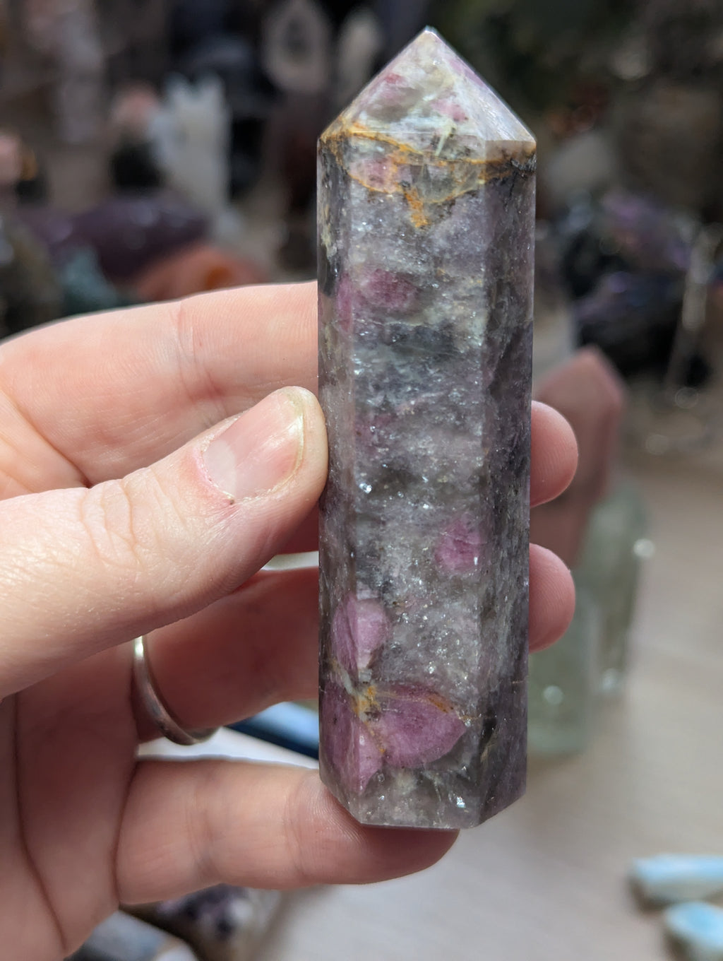 Unicorn stone crystal tower with lots of smokey quartz