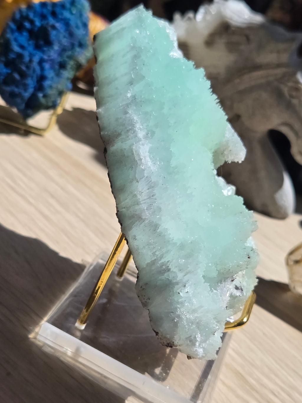 Blue aragonite mineral specimen raw with stand