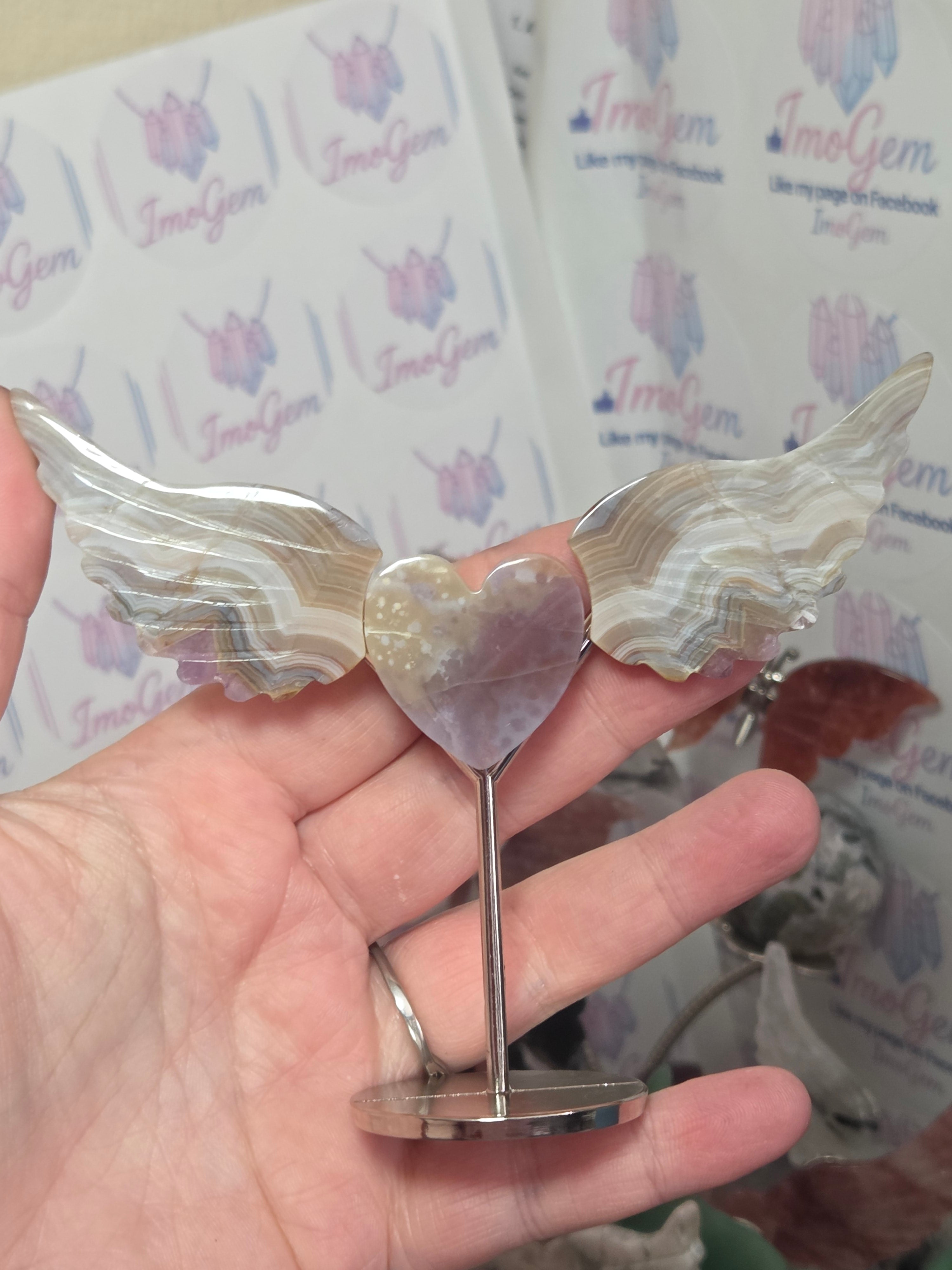 Crazy agate crystal amethyst heart with wings