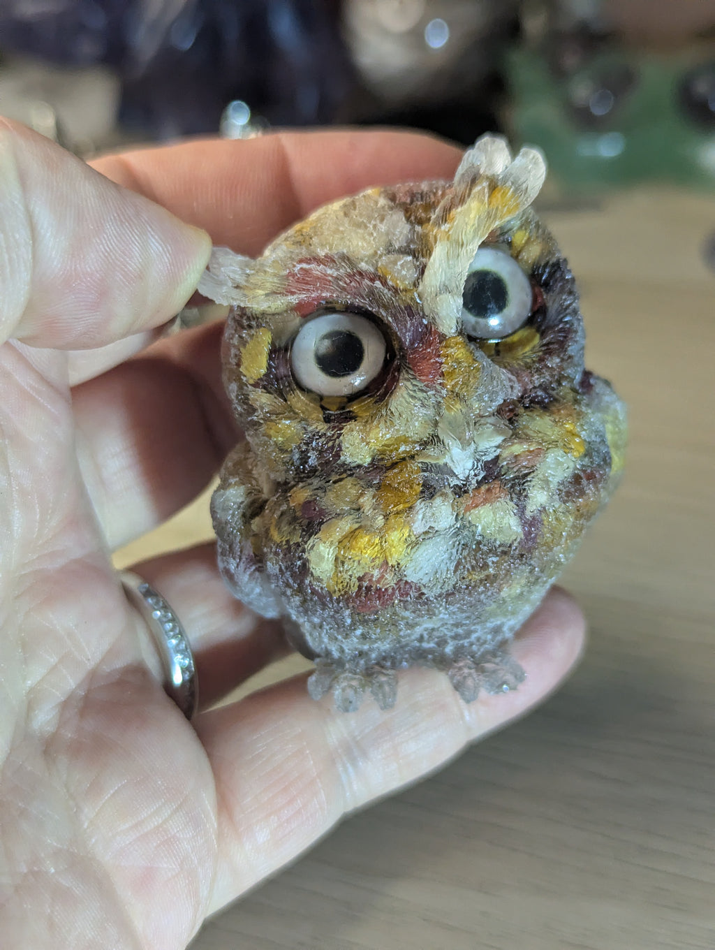Mookaite crystal owl carving in Resin